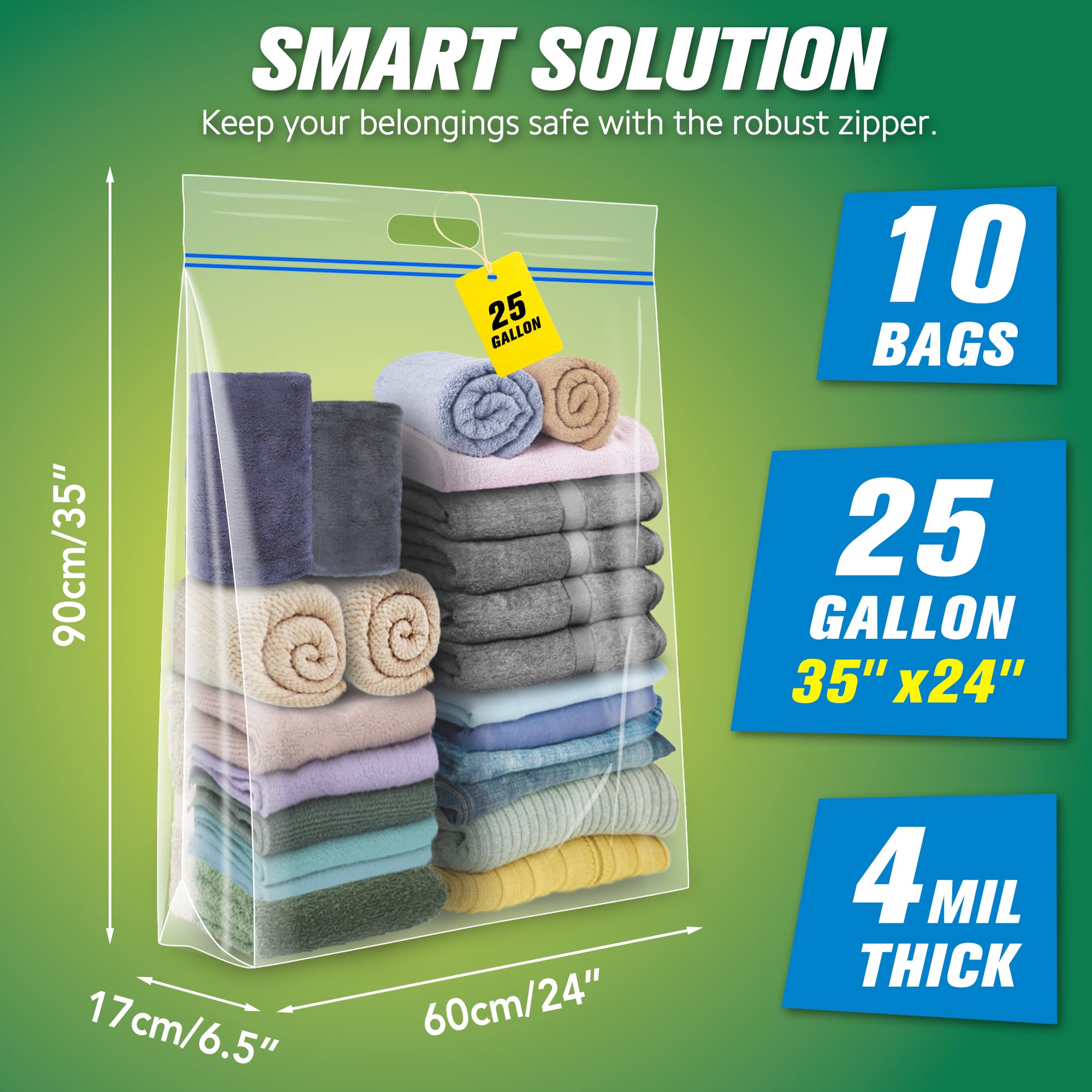 Hibag 25 Gallon Jumbo Storage Bags, 35    X 24    Resealable Ziplock Clear Bags With Handle, Extra Large Xl Heavy Duty For Cloth