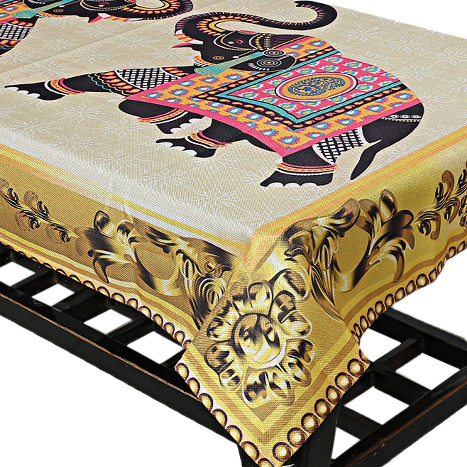 Kuber Industries Elephant Design Jute 4 Seater Center Table Cover - Gold (Ctktc02060)
