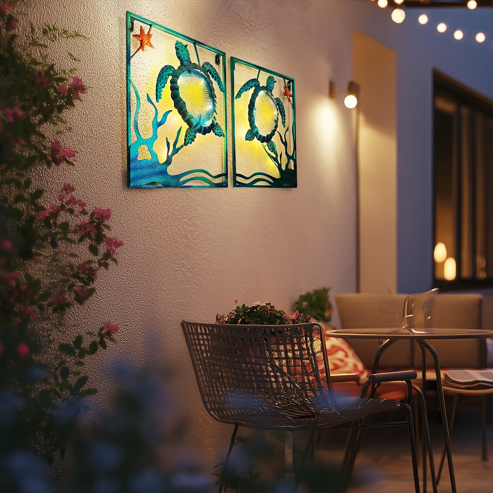 LIFFY Metal Sea Turtle Beach Themed Bathroom Wall Art Decor with Frame-Outdoor Wall Art with LED Fairy Lights, Fish Glass Art Wa
