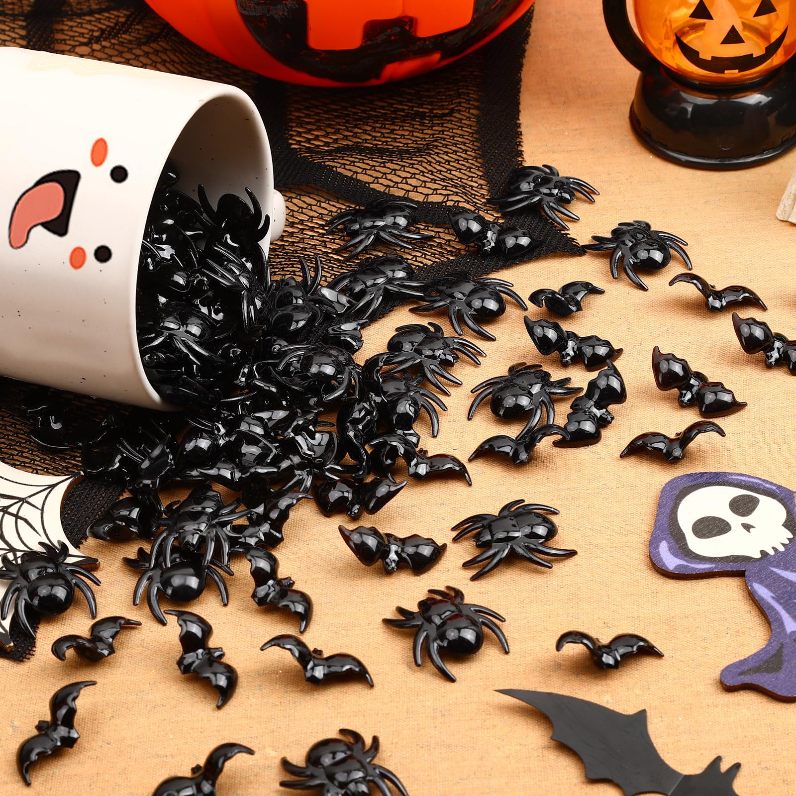 BOARDFEB 240Pcs Black Bats Spiders Acrylic Ornaments, Mini 3D Bat Spider Halloween Vase Filler Table Scatters for Scrapbooking D
