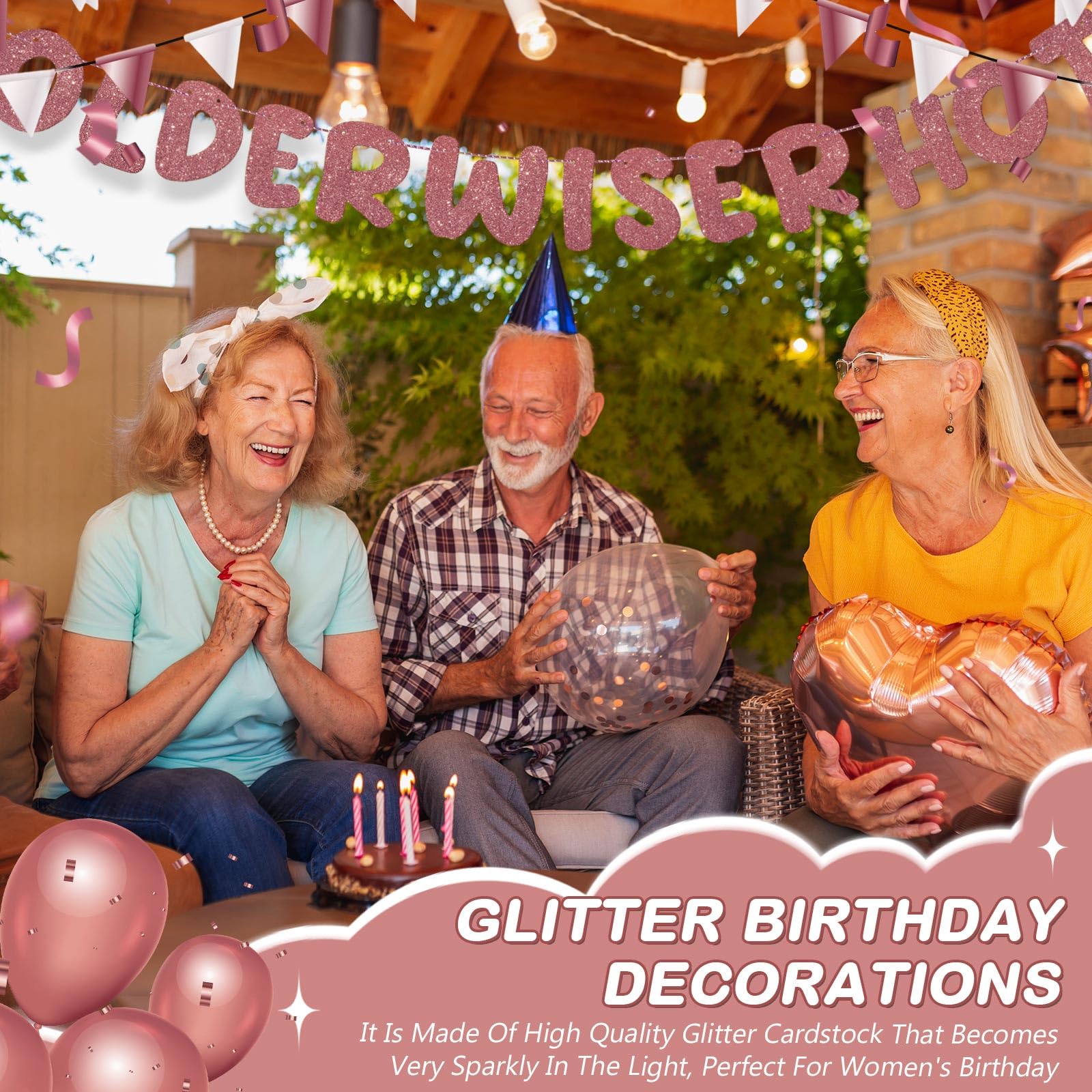 Fulmoon Set Of 3 Pre Strung Older Wiser Hotter Glitter Banner Funny Birthday Banner For Women 30Th 40Th 50Th 60Th 70Th 80Th Birt