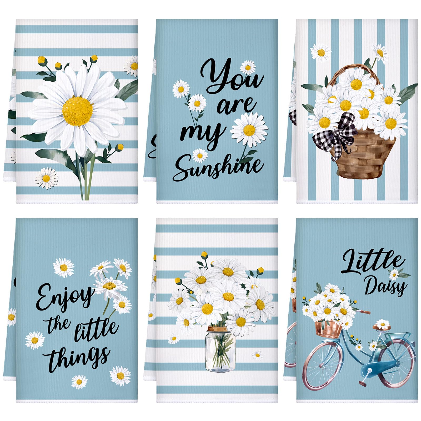 Boyiee Set of 6 Daisy Flower Kitchen Towels Daisy Stripes Tea Towels Floral Absorbent Dishtowels 24 x 16 Inches Housewarming Gif