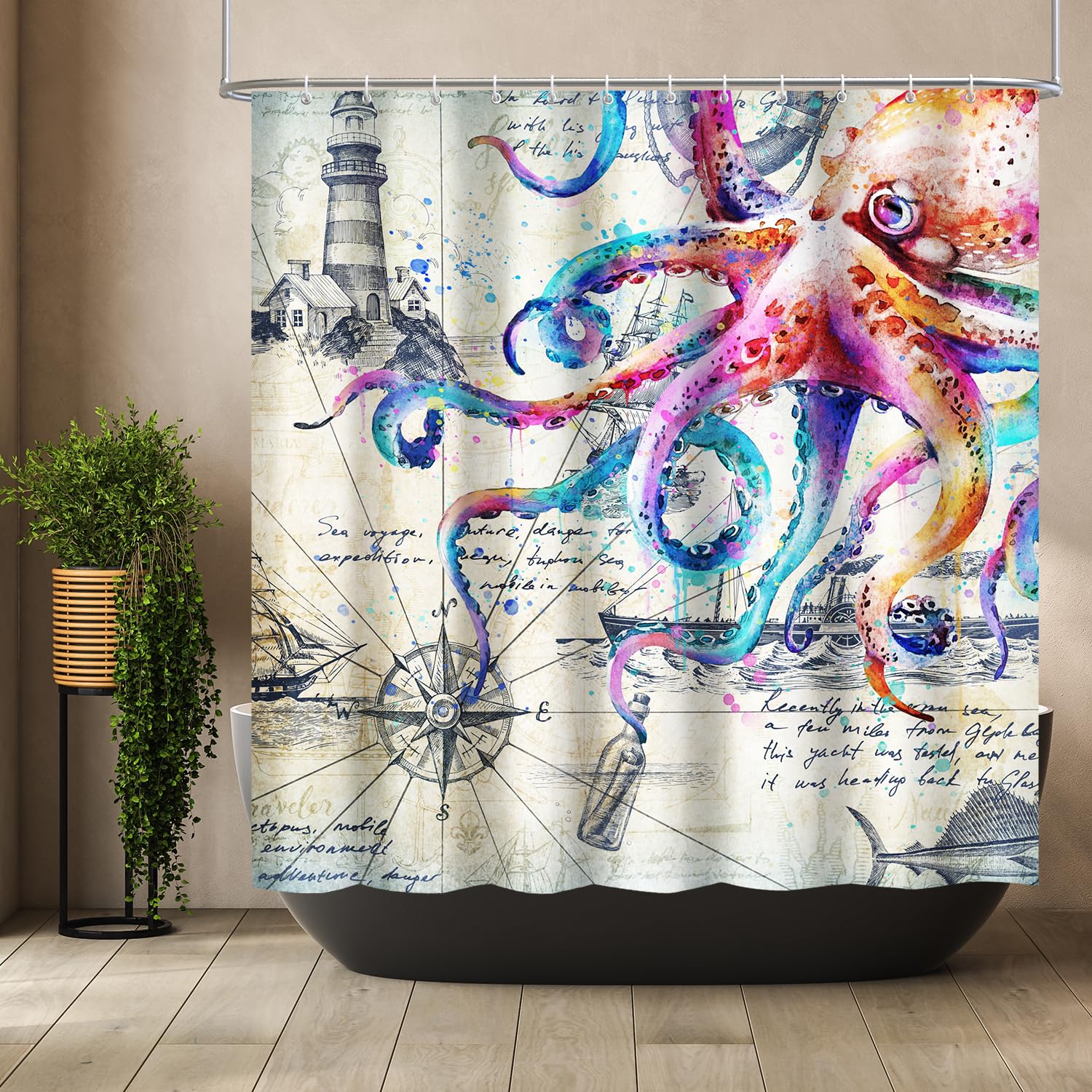 Colorful Nautical Octopus Shower Curtain Funny Ocean Kraken Shower Curtains For Bathroom Anchor Coastal Map Waterproof Fabric Sh