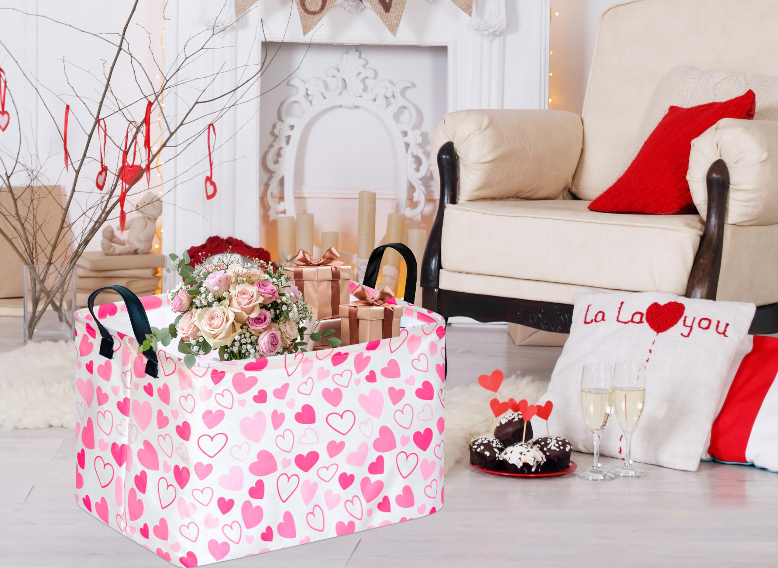 Maizmz Girls Gift Basket Heart Print Storage Cube For Women, Closet Shelf Organizer Bins Empty Gift Basket With Handles Nursery