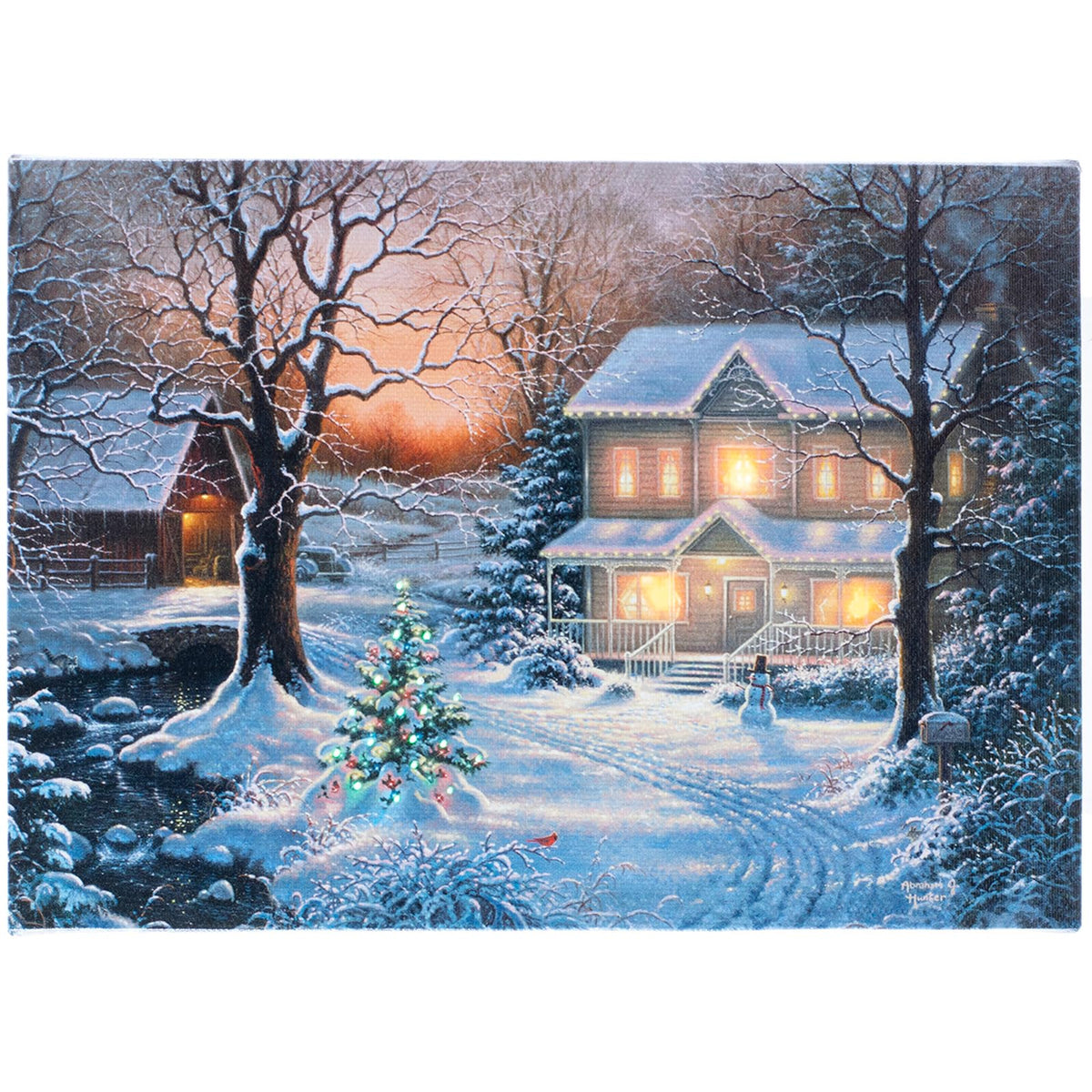 Demagnnie Led Lighted Canvas Christmas Pictures With Timer, Fiber Optic Light Up Picture, Winter Hometown Under Snow Painting Ca