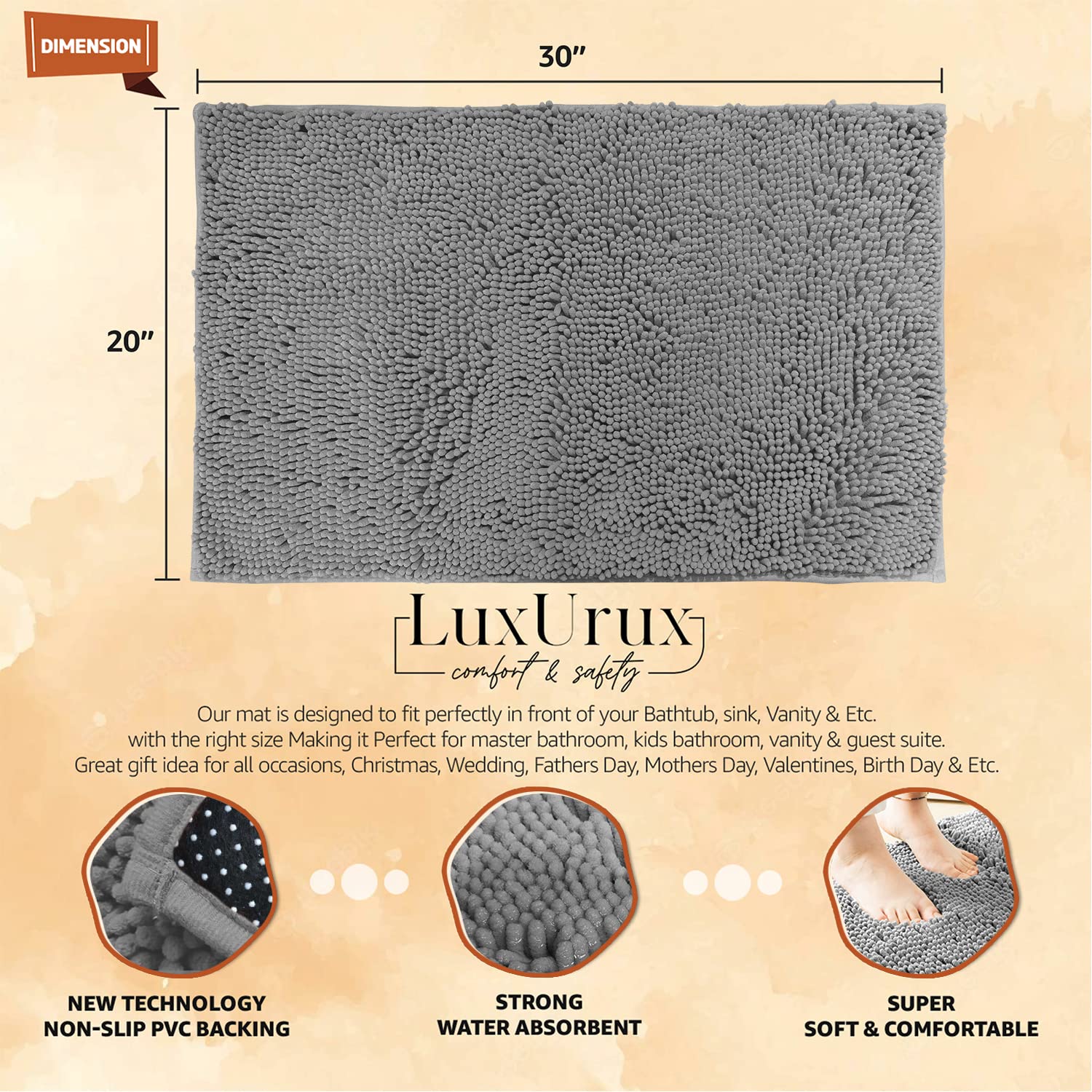 Luxurux Bathroom Rug Mat Set-Extra-Soft Plush Bath Mat Shower Bathroom Rugs Set,1'' Chenille Microfiber Material, Super Absorben
