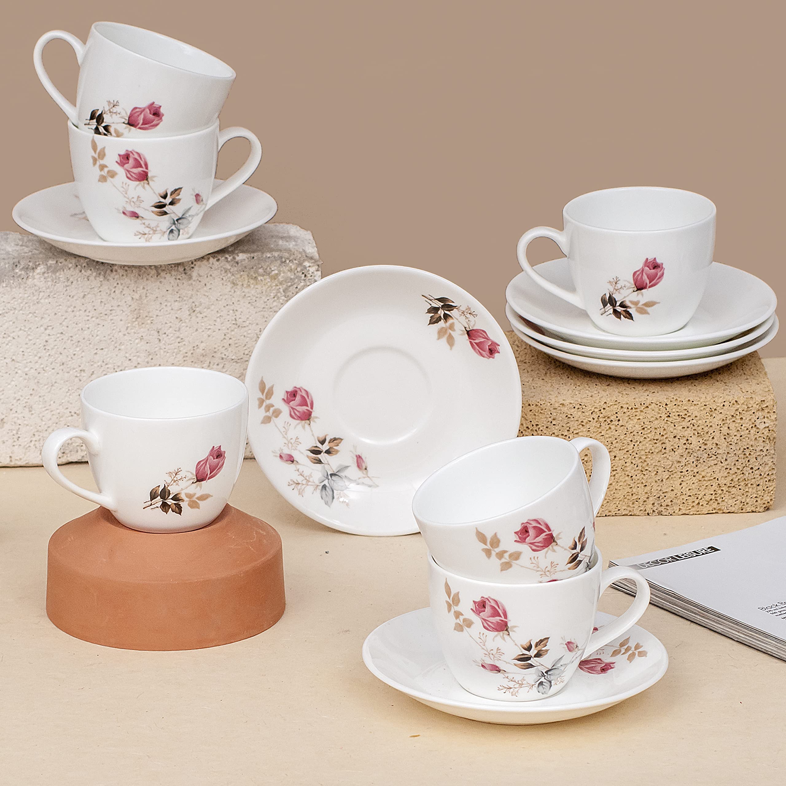 Clay Craft Fine Ceramic | Floral Printed | Tea/Coffee Cups  Set Of 6180 Ml Each (Cup Saucer)