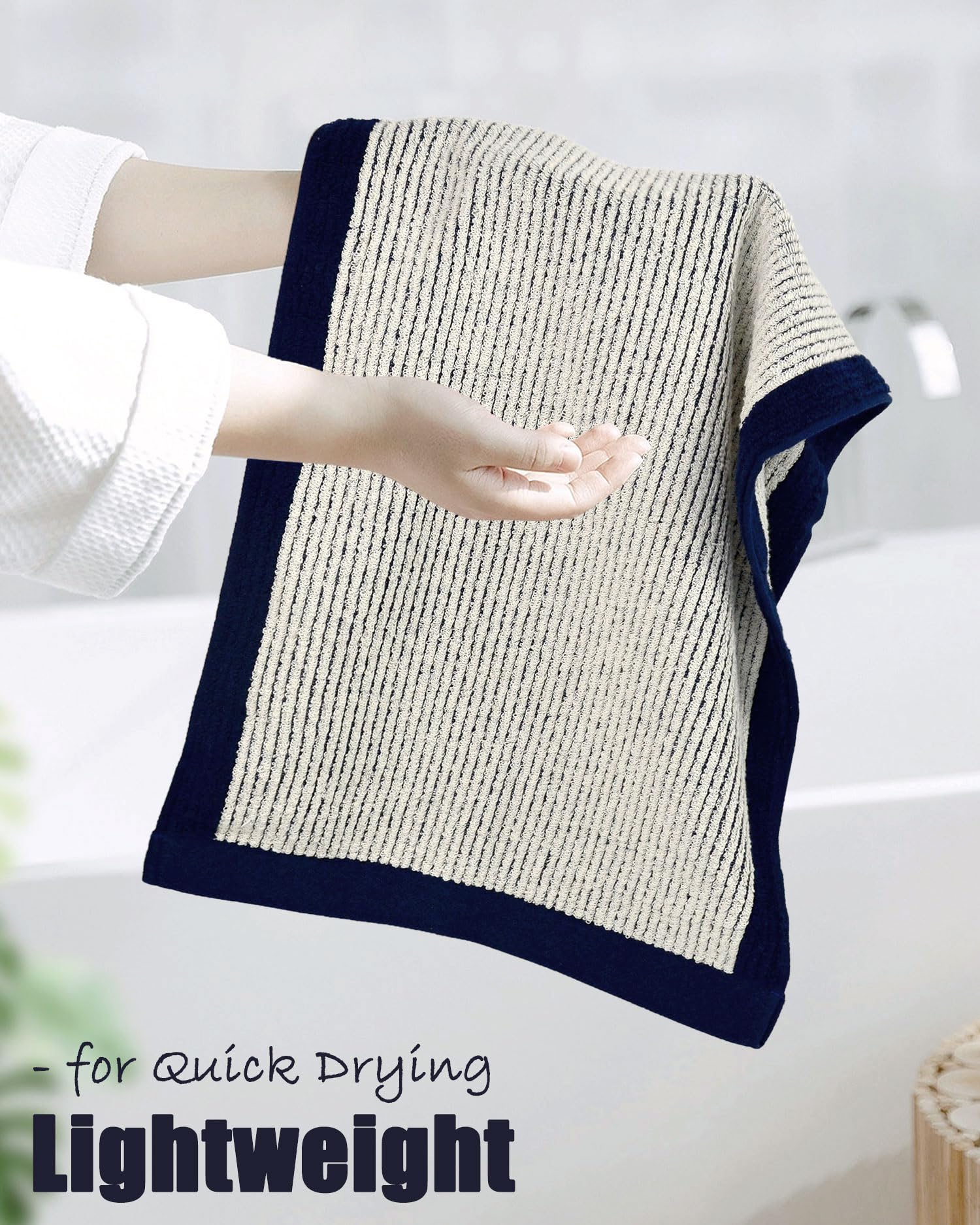 Cleanbear Hand Towels For Bathroom Set Of 4, Jacquard Weave Bath Hand Towels, 28 X 13 Inches, Navy-Blue