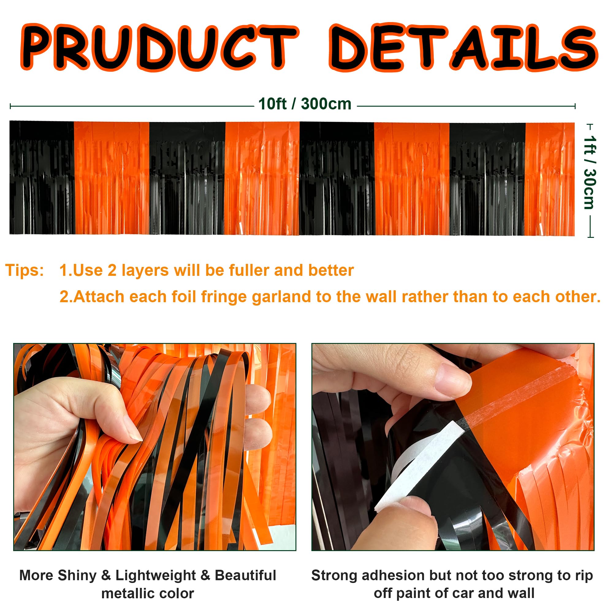 2 Pack 10 Feet Black Orange Halloween Parade Float Decorations for Trailer Car, Foil Fringe Tinsel Streamers Banner Garland for