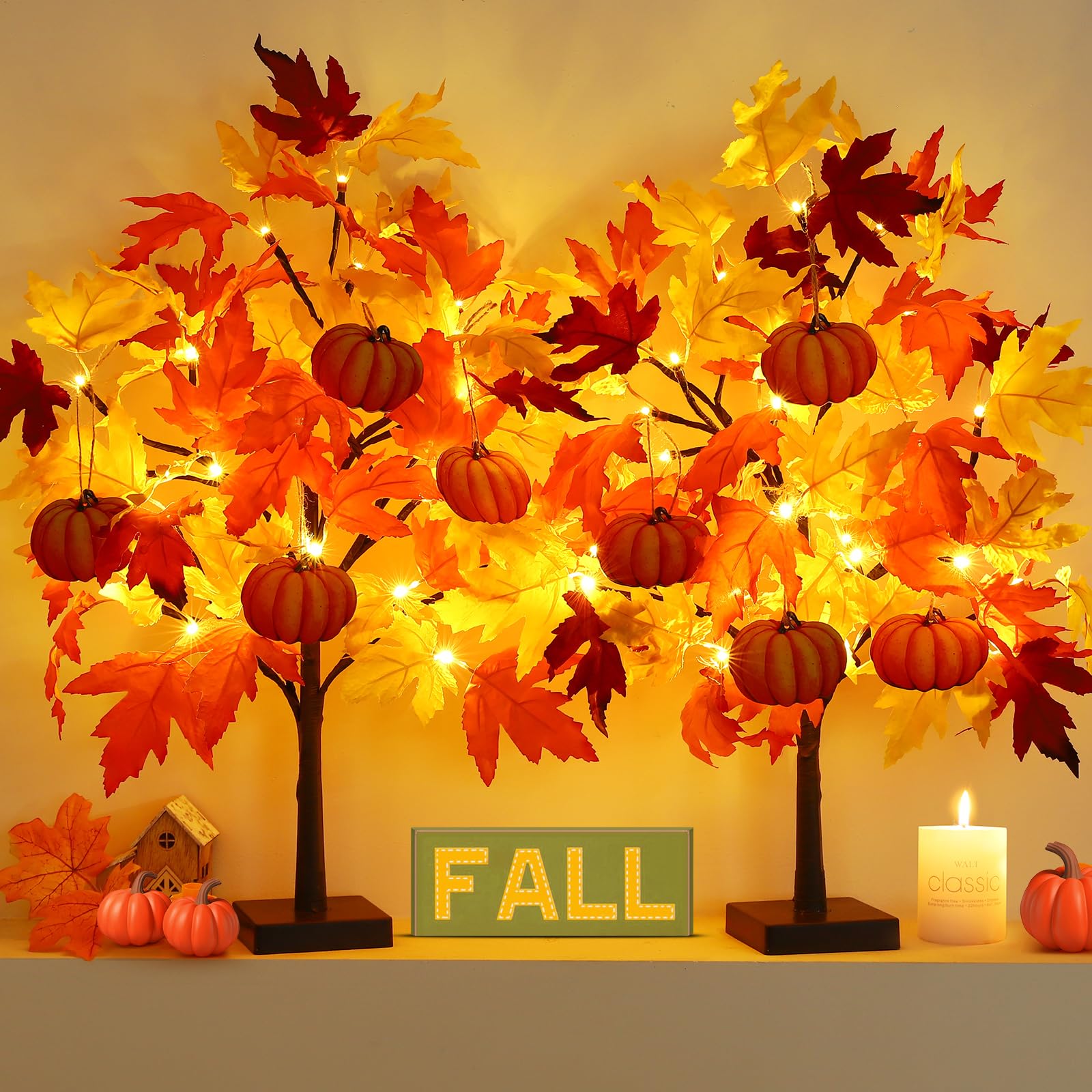 Fall D  cor 2 Pack 24 Inch Fall Maple Tree with 48 LEDs Battery Operated Fall Lights with 8 PCS Pumpkin Wooden Hanging Ornaments