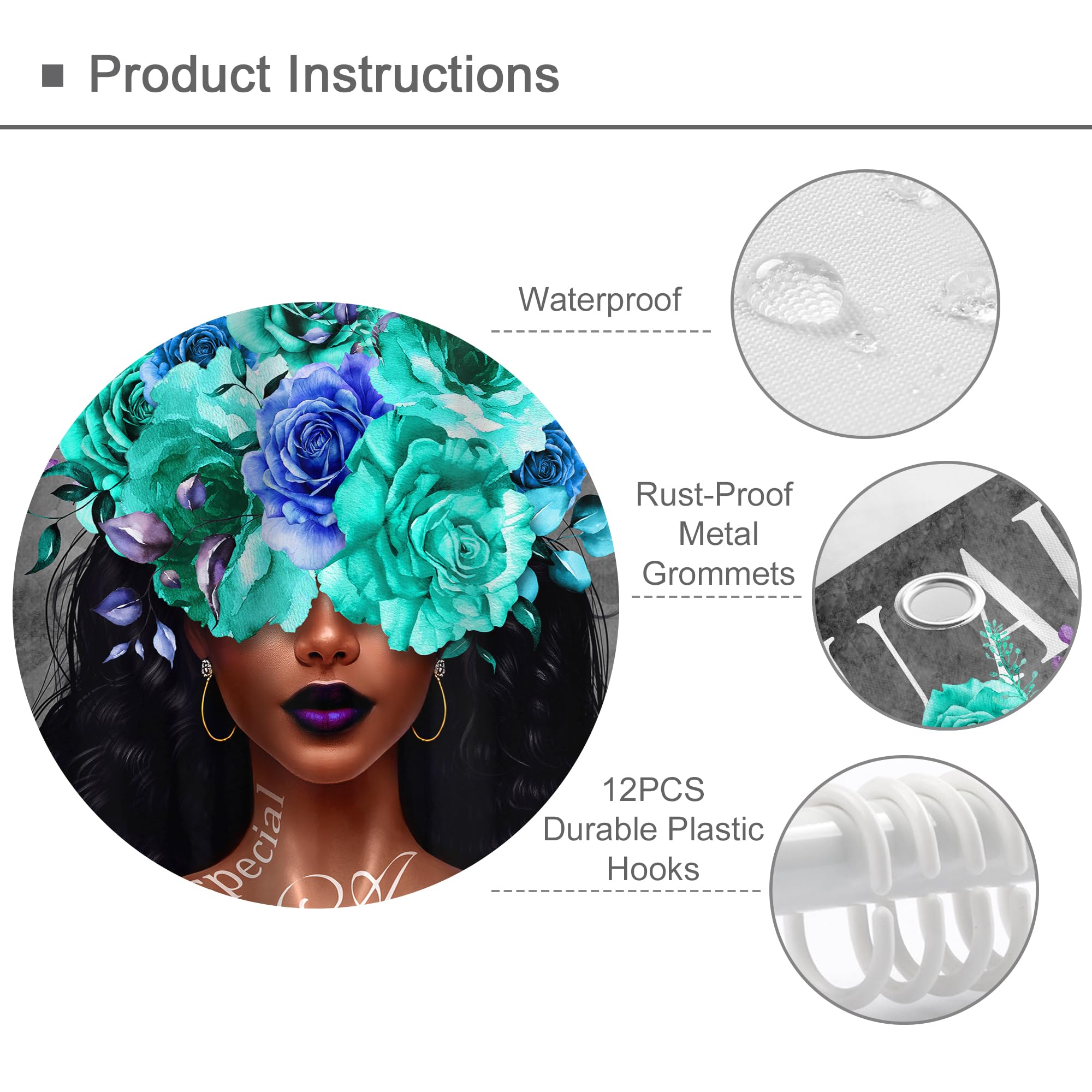 Omifly African American Woman Shower Curtain 72Wx72H Inch Black Girl Teal Flower Rose Inspirational Quotes You Are Aesthetic Mod