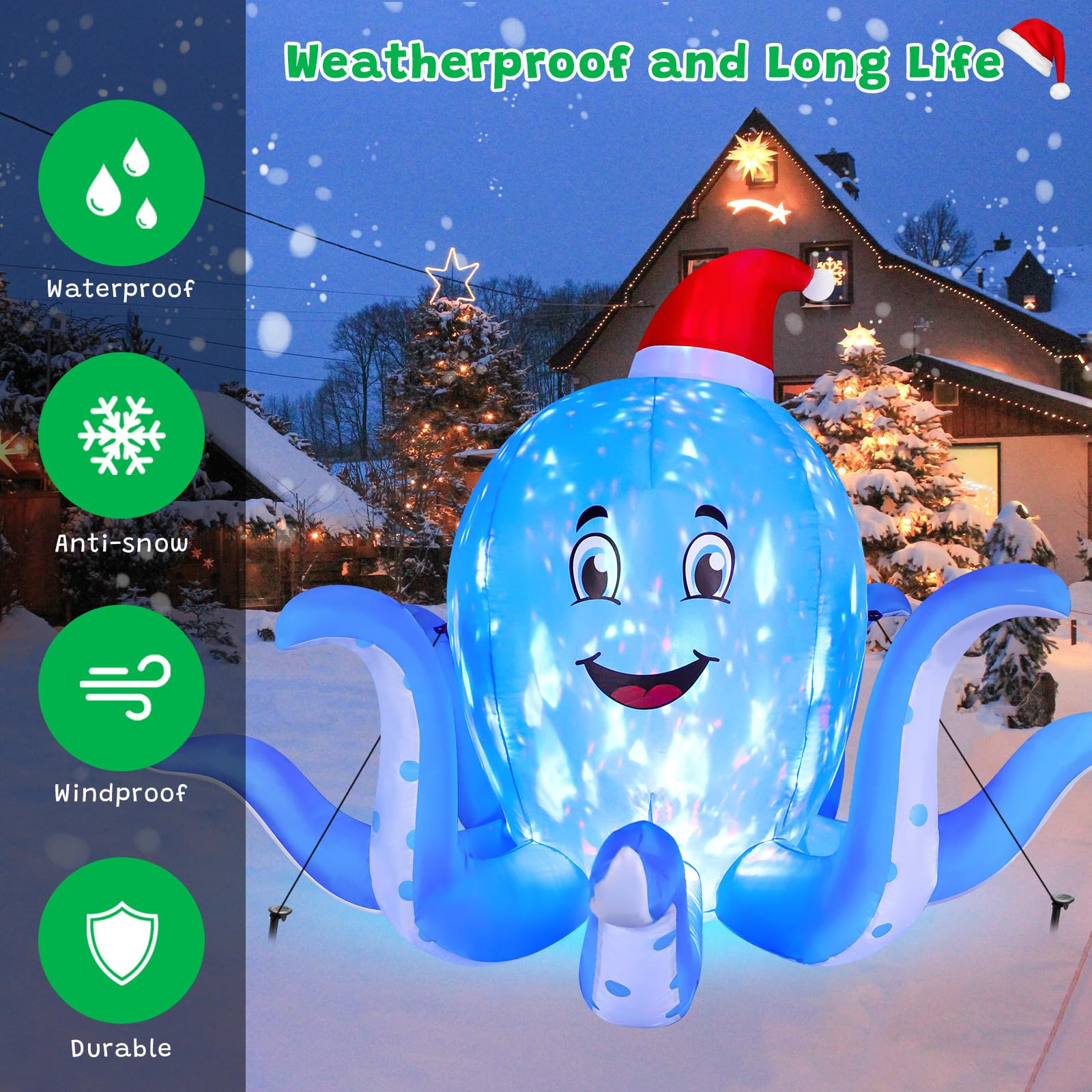FunFanso 7FT Christmas Inflatable Octopus Outdoor Decorations, Blow up Blue Octopus with Xmas Hat Indoor Decor, Built-in Rotatin
