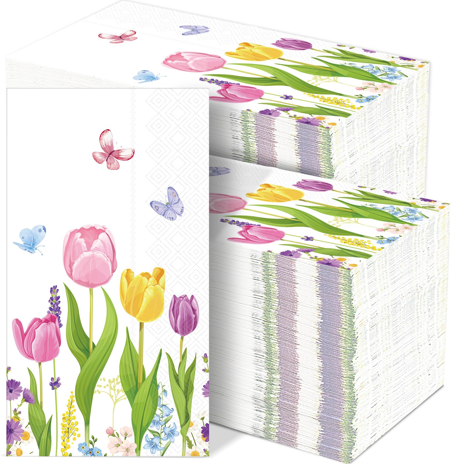 Gisgfim 100 Pcs Tulip Floral Guest Napkins Spring Flowers Disposable Napkins Tulip Dinner Hand Napkins Tulip Flowers Guest Towel