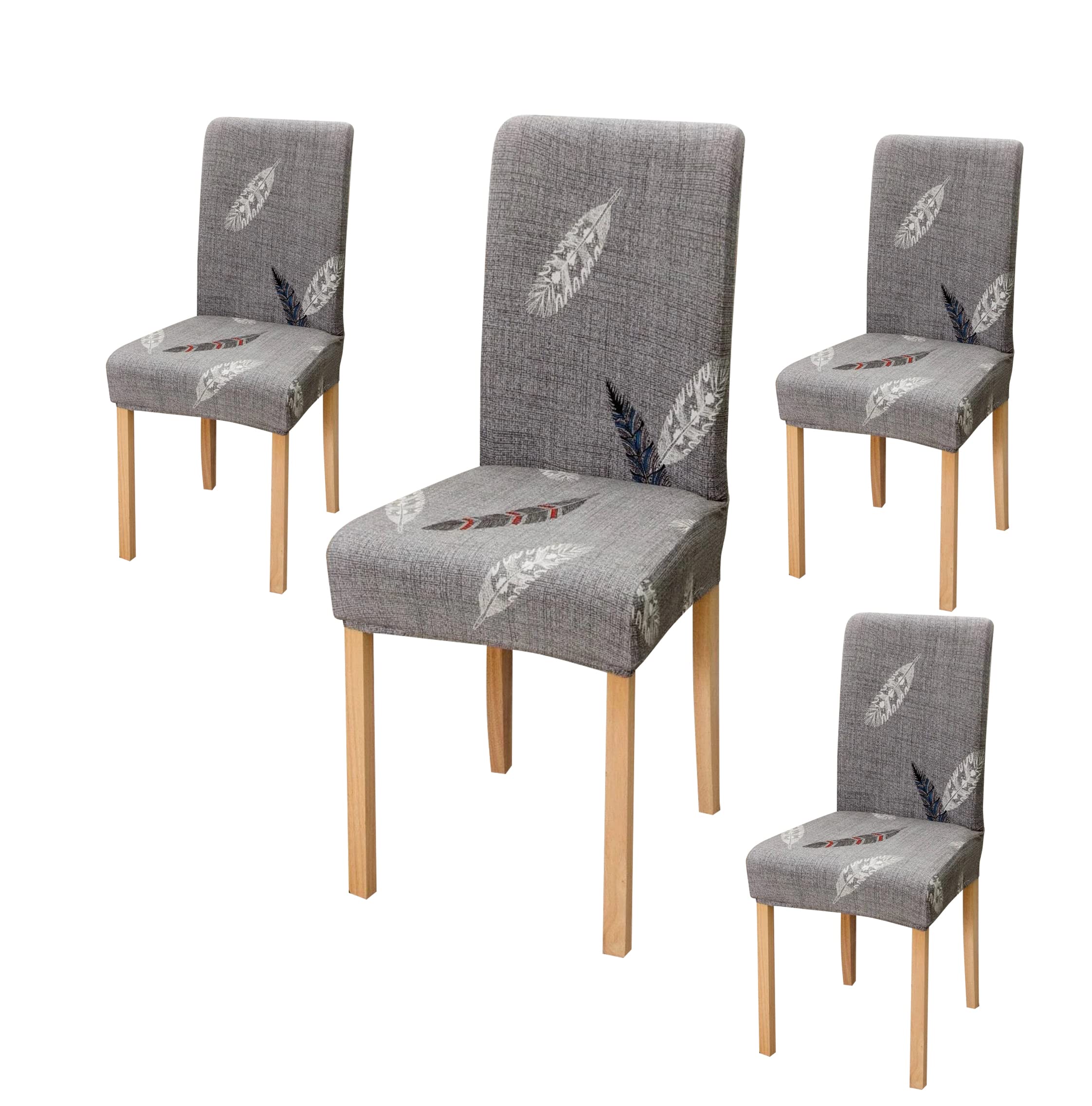 House Of Quirk Polyester Elastic Stretch Removable Washable Short Dining Chair Cover Protector Seat - (Grey Fern) 4 Chair Cover