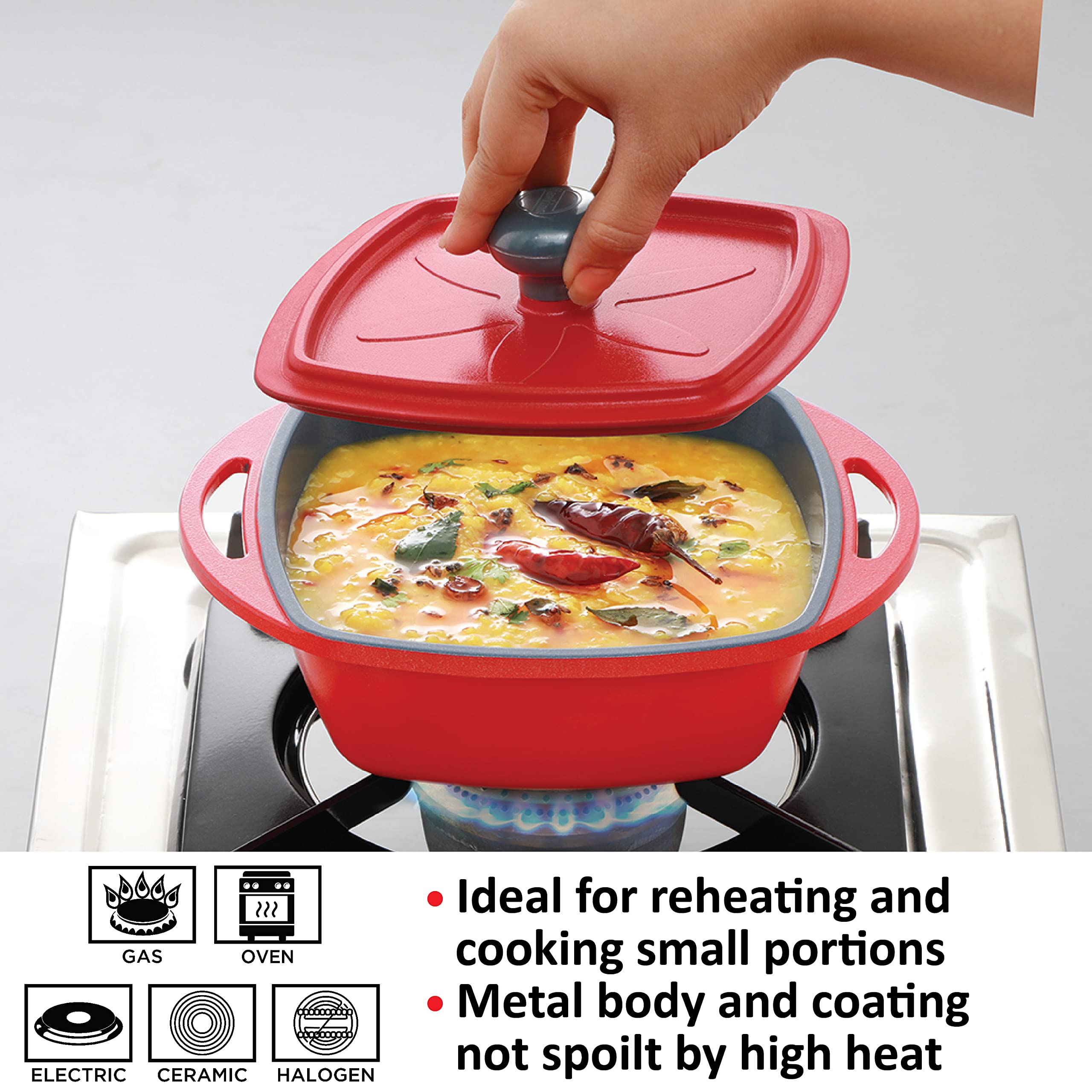 Hawkins Aluminium 0.75 liter Mini Casserole With Lid, Square Series Die-Cast Pan For Cooking, Reheating, Serving And Storing, Re