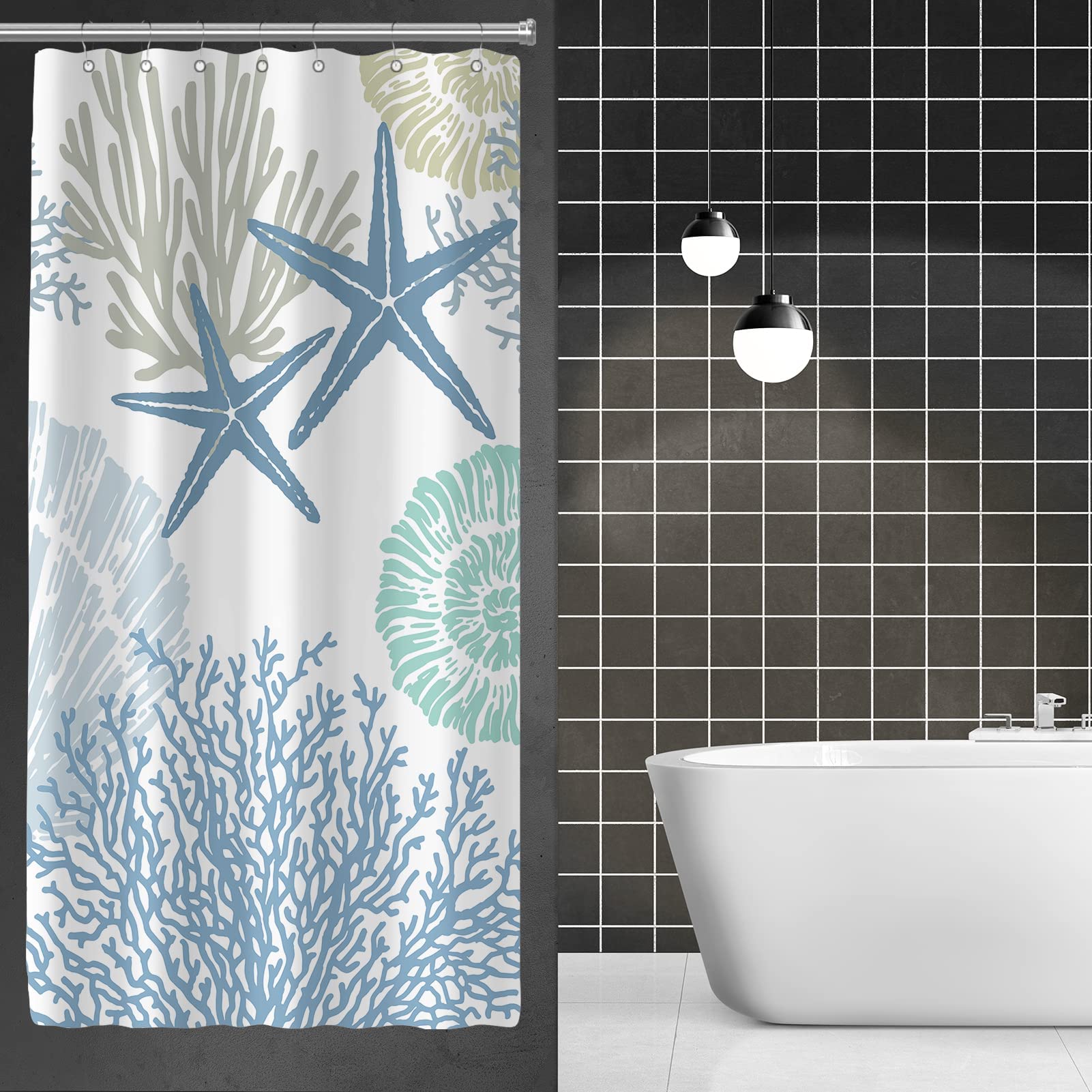 Tritard Stall Shower Curtain 36 x 72 - Small Nautical Coastal Waterproof Fabric Shower Curtains for Bathroom  Decorative Starfish Seashell Beach Themed Bath Curtain with 7 Hooks  Blue