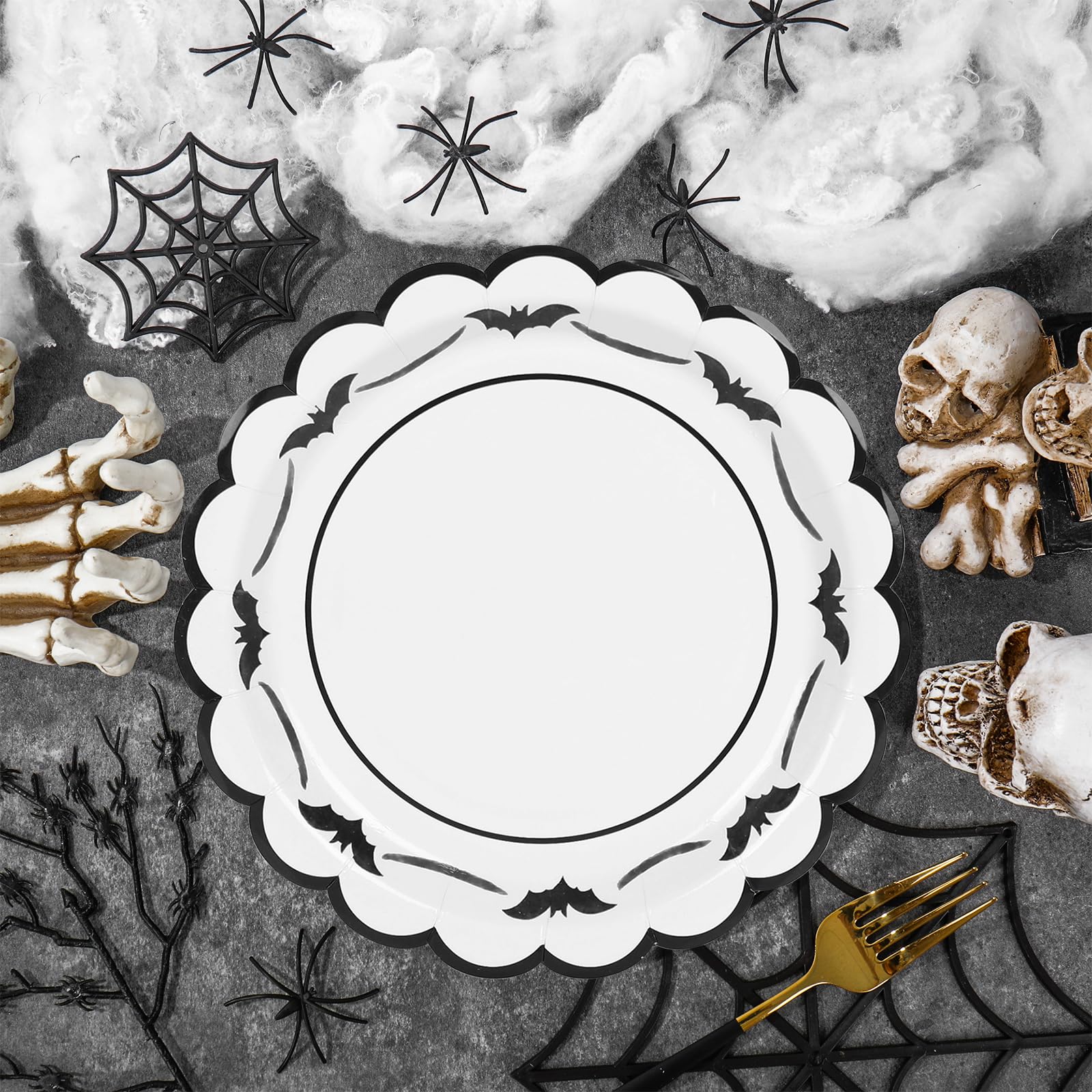 JarThenaAMCS 50 Pcs Halloween Paper Plates Bat Scalloped Disposable Plate Spooky Decorative Tableware for Holiday Party Decor Su
