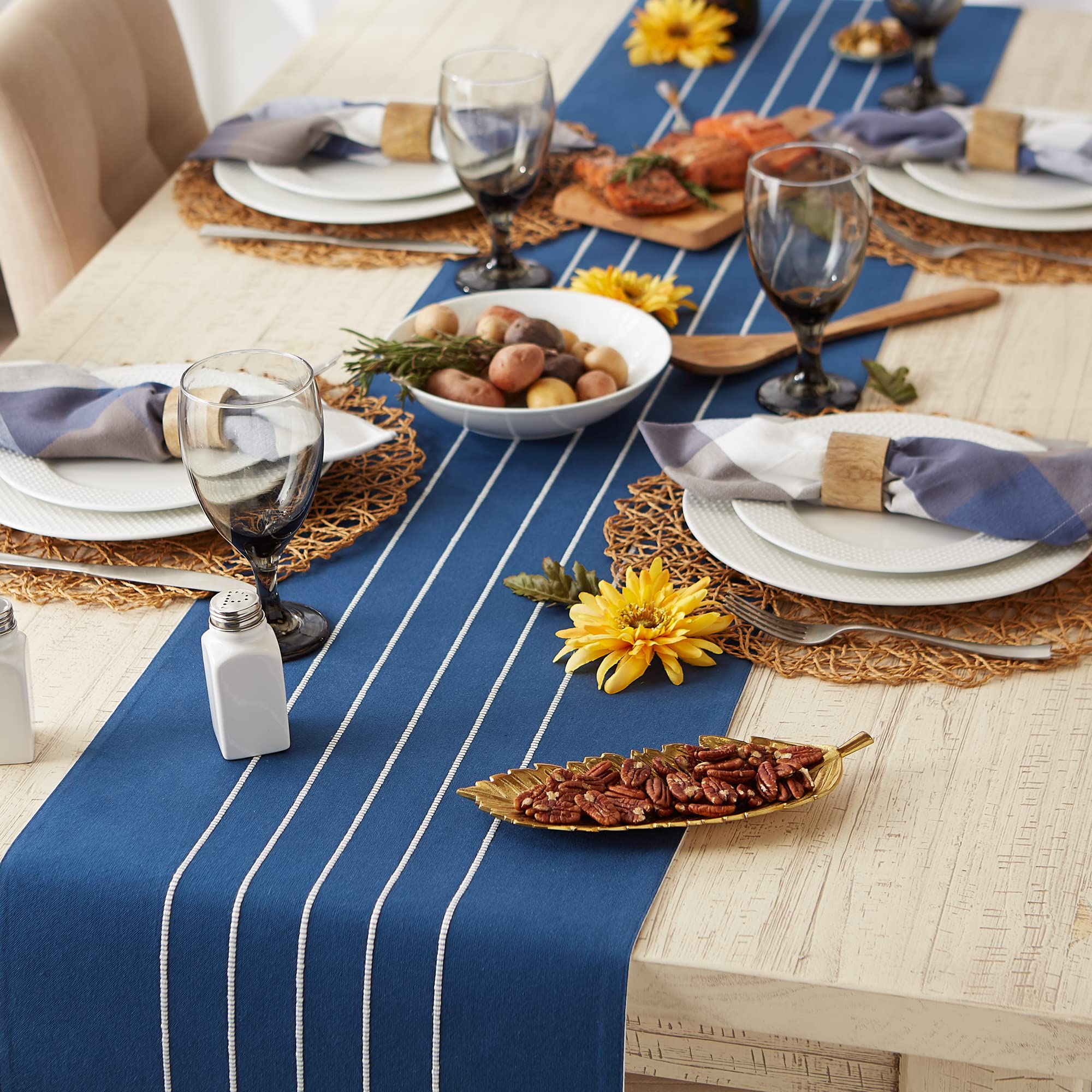Dii Tassel Stripe Tabletop Collection Decorative, Machine Washable, Table Runner 14X72, Navy & Off-White