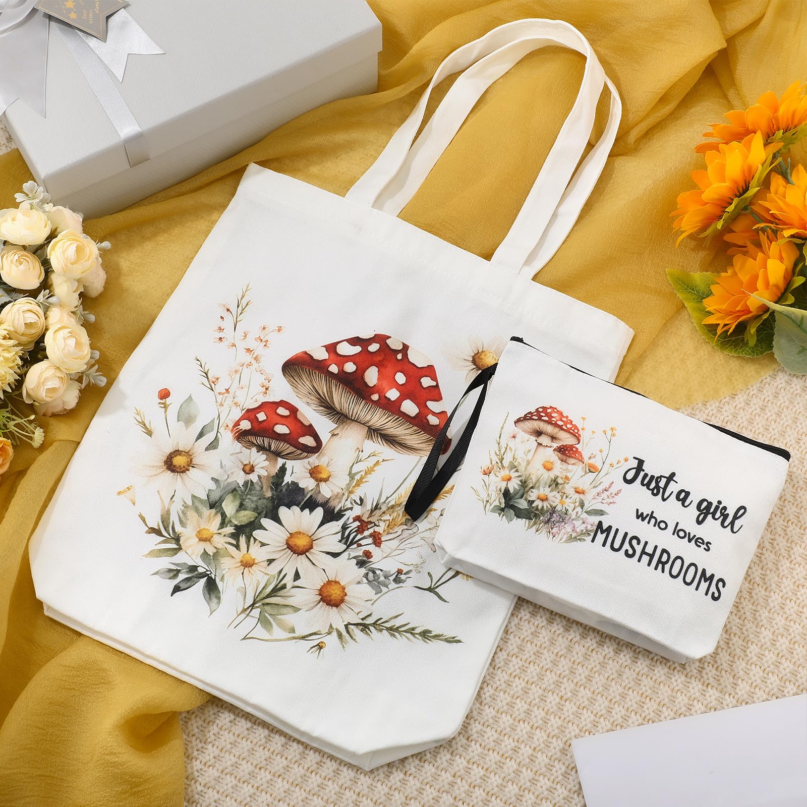 Sieral 2 Pcs Mushroom Gifts for Women Mushroom Lover Gifts Travel Cosmetic Bags Portable Makeup Zipper Pouch & Canvas Tote Bag f