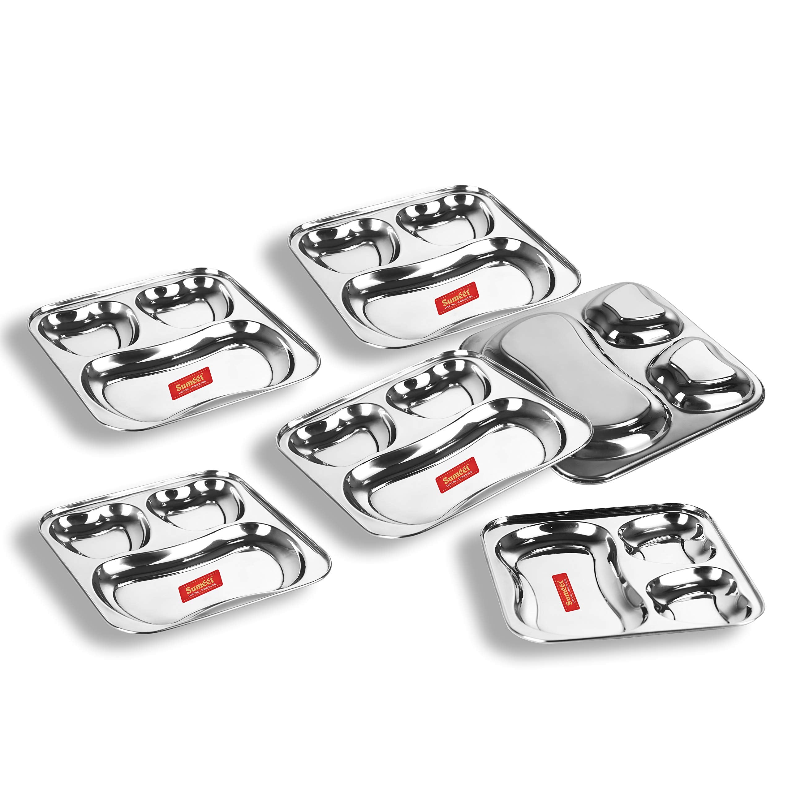 Sumeet Stainless Steel 3 In 1 Pav Bhaji Plate/Compartment Plate 21.5Cm Dia - Set Of 6Pc