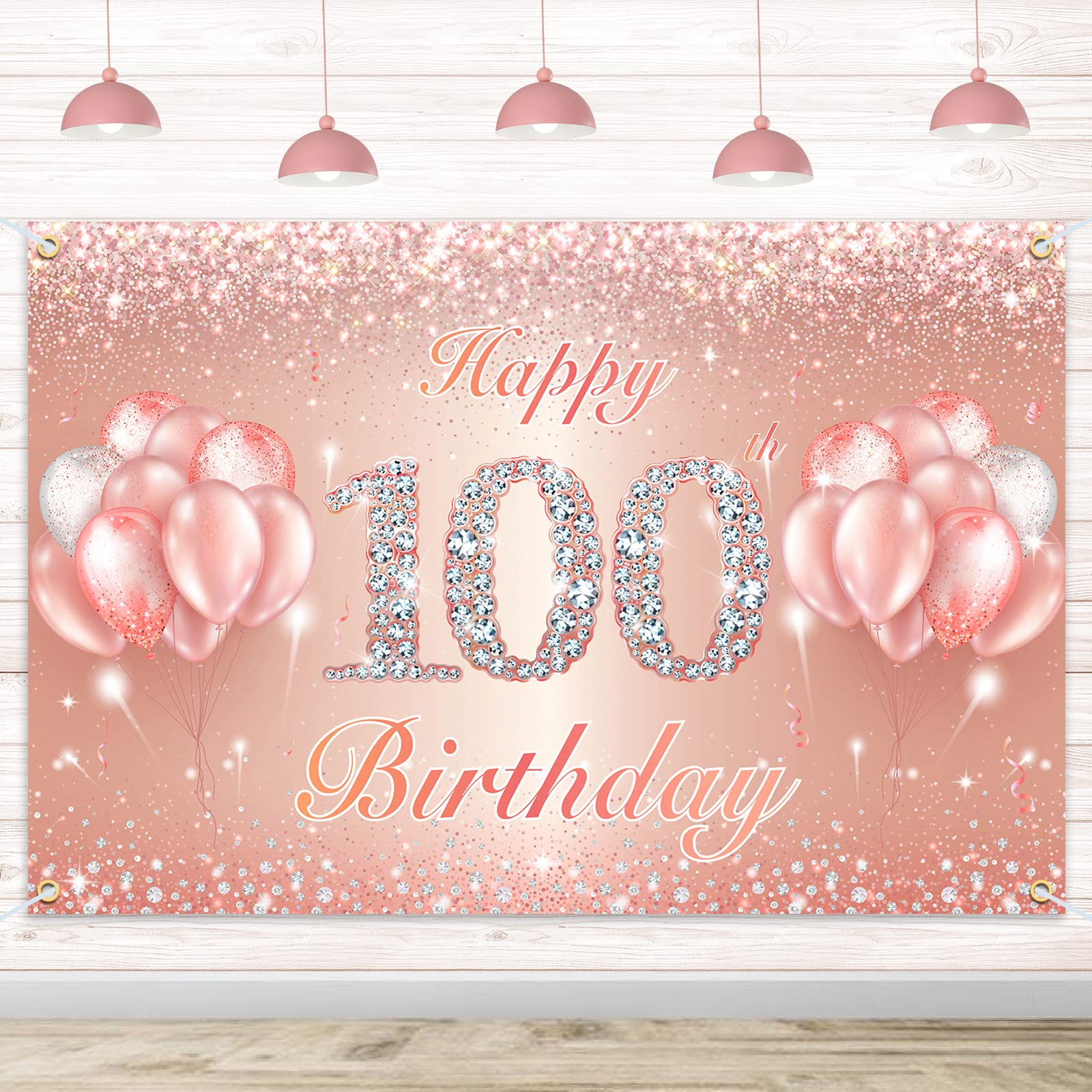 Happy 100Th Birthday Banner Backdrop - 100 Birthday Party Decorations Supplies For Women Or Men - Rose Gold 4 X 6Ft