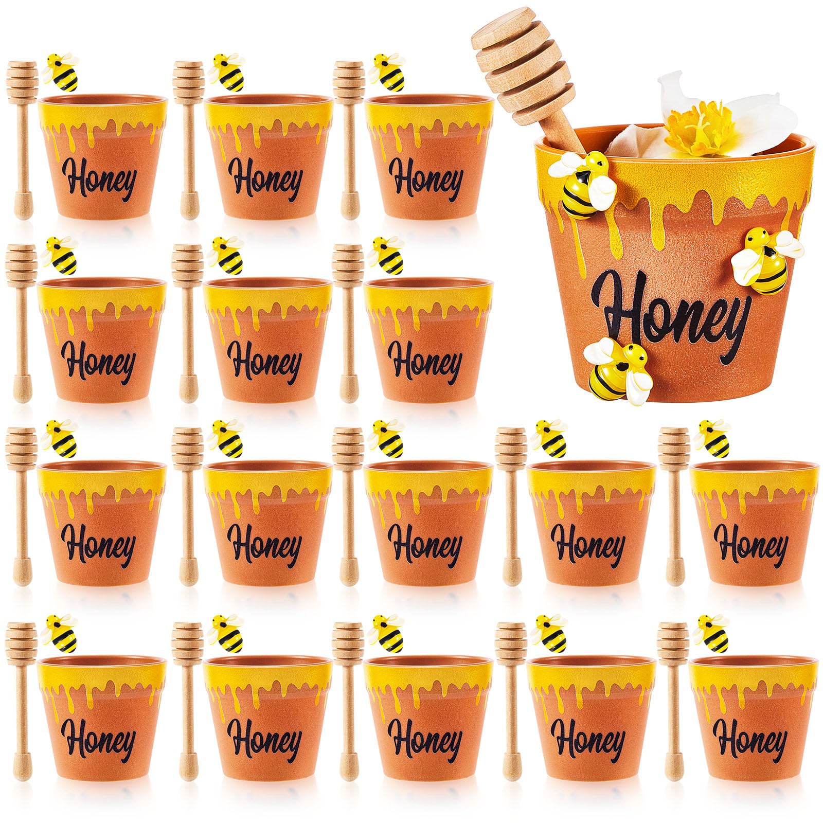 meekoo 16 Sets Mini Honey Bee Pots with Wooden Dippers Charms Honey Jars