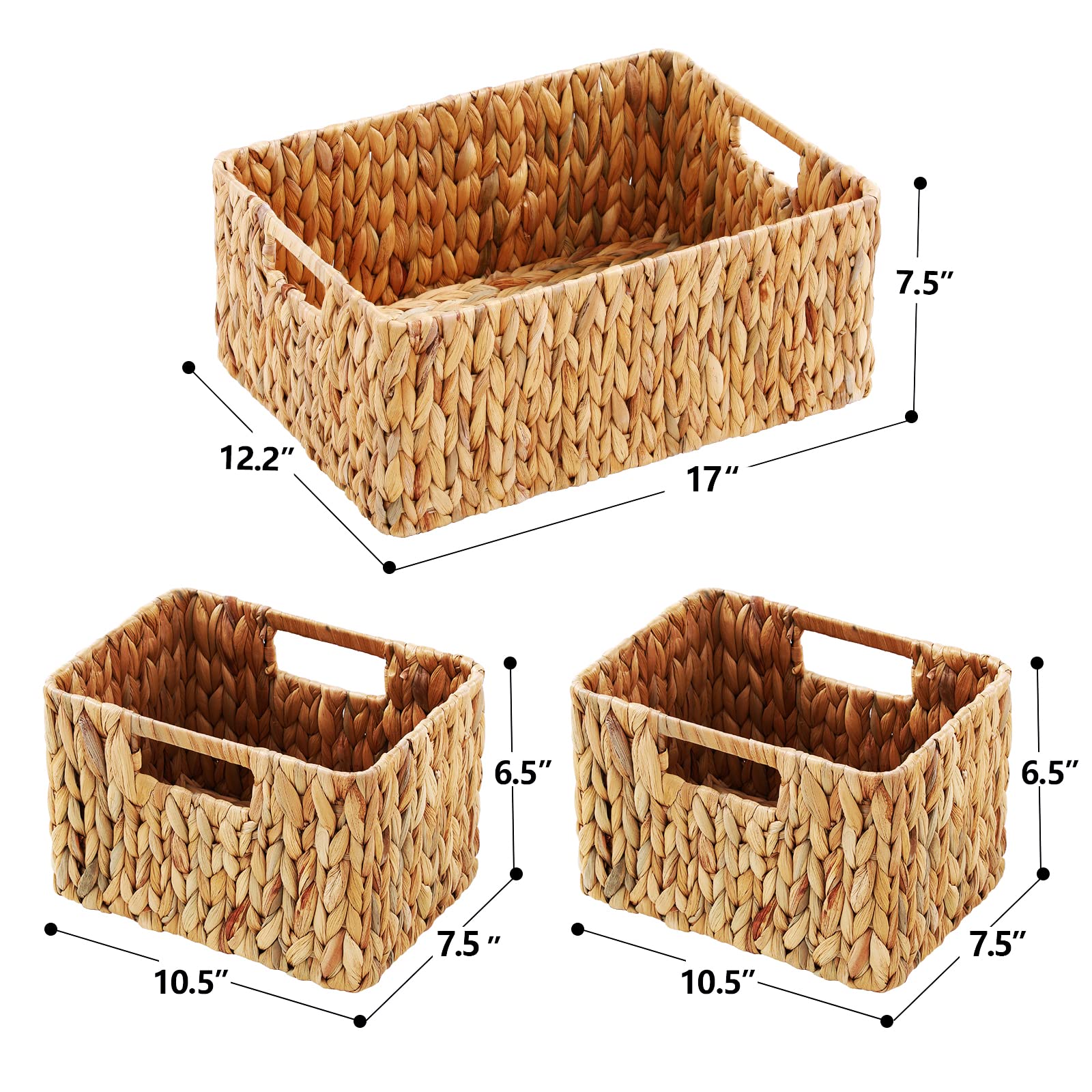 Hoonex Water Hyacinth Storage Baskets, Wicker Baskets For Storage, Hand Woven Baskets With Carry Handles, Set Of 3, Natural