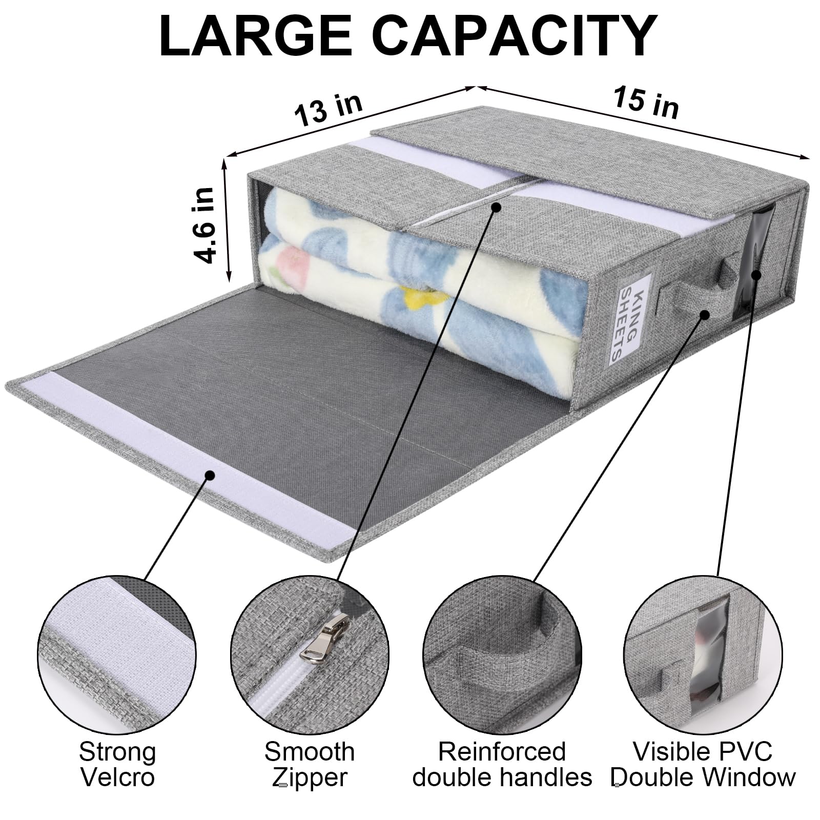 4 Pack Bed Sheet Organizers and Storage Foldable Linen Sheet Organizer with Window and Label Organizing Bedding Container Queen