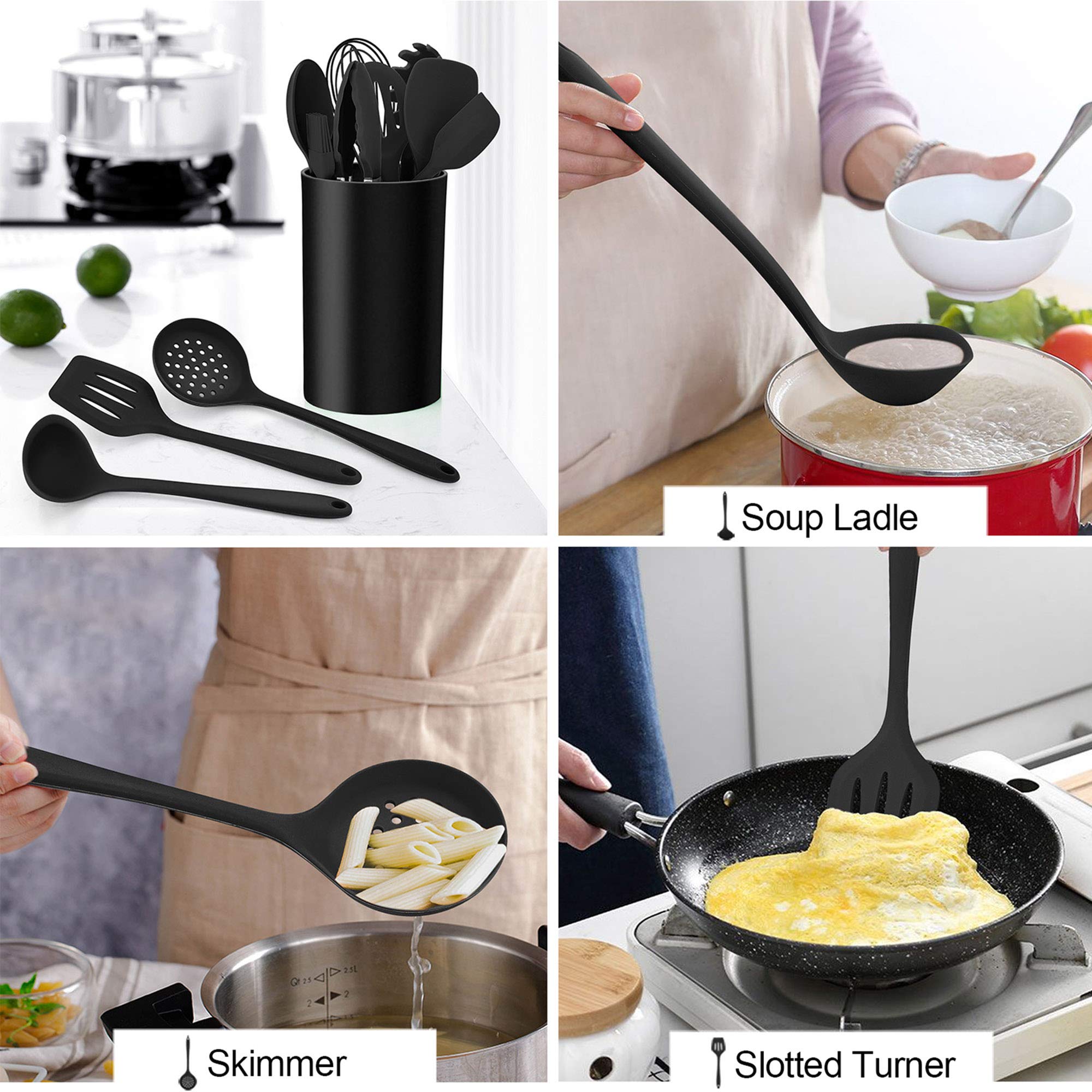 Lianyu 12-Piece Black Silicone Kitchen Cooking Utensils Set With Holder, Kitchen Tools Include Slotted Spatula Spoon Turner Ladl