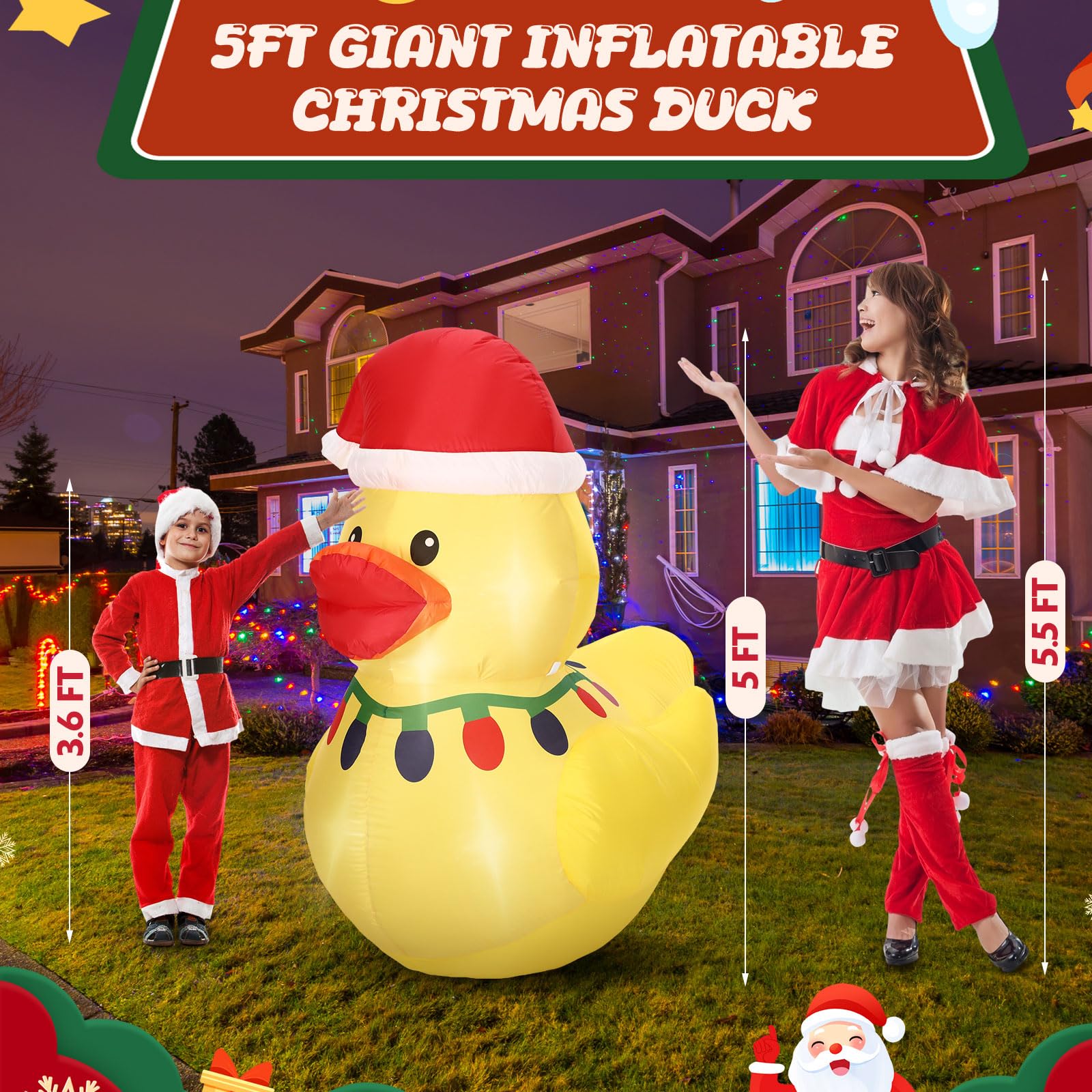 Leyndo 1 Set 5FT Christmas Inflatables Decoration Outdoor Inflatables Duck with Build-in LEDs Lights Giant Blow up Duck Wear Cla
