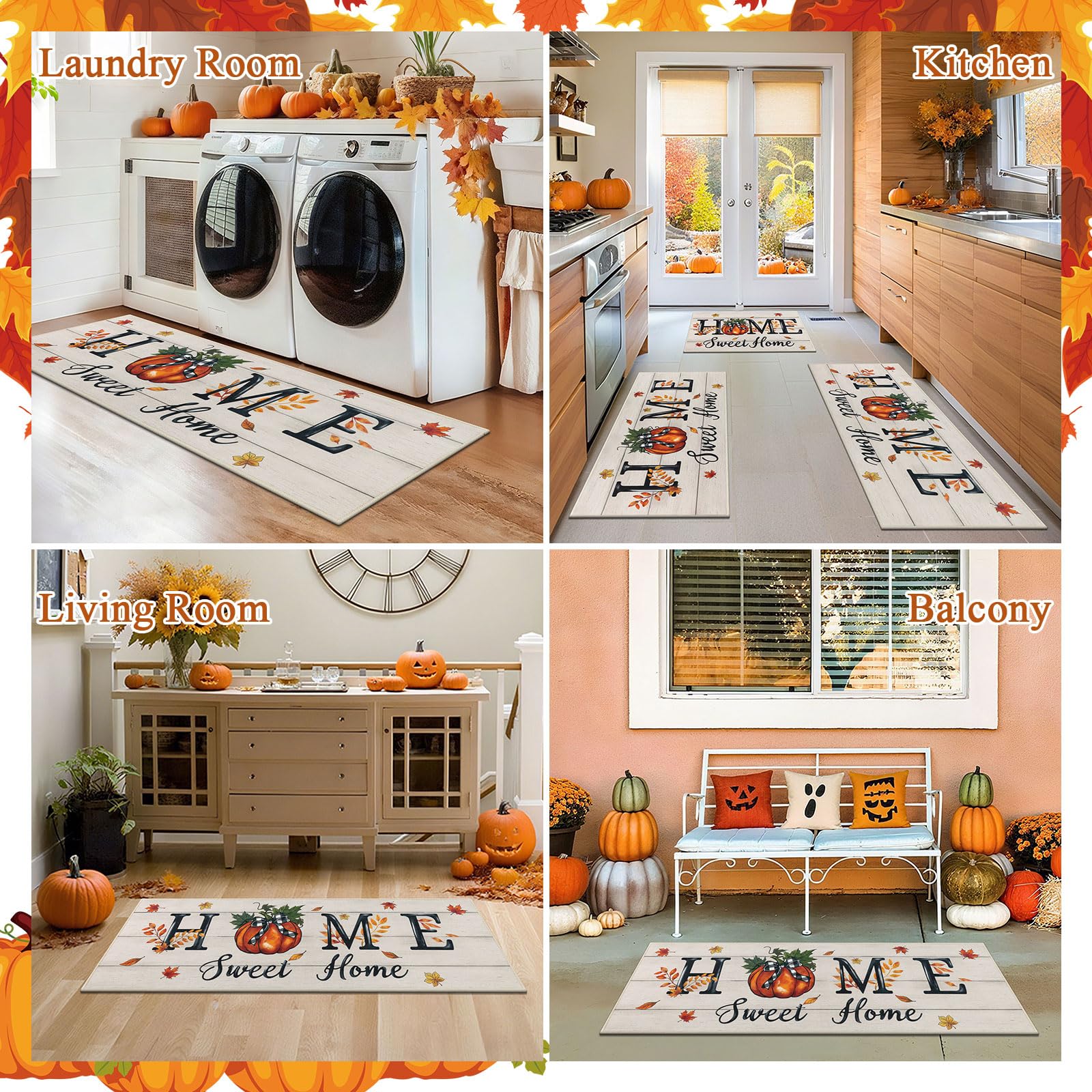 U Artlines Fall Pumpkin&Home Kitchen Rugs with Runner Sets 3 Piece Farmhouse Seasonal Harvest Holiday Party Rugs and Mats Non S