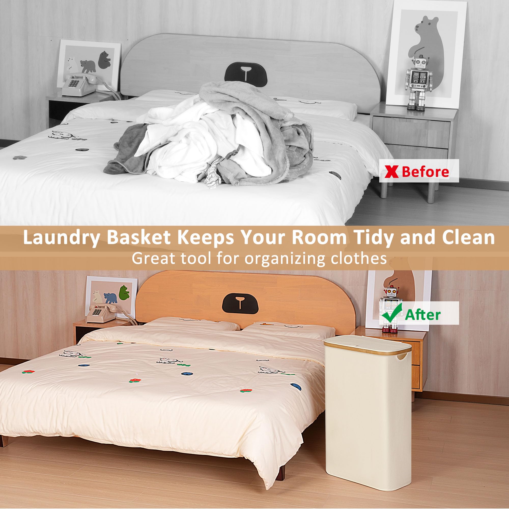 Iegrow Slim Laundry Hamper, Narrow Laundry Basket With Lid,Foldable Clothes Hamper With Bamboo Handles,Hamper Basket With Remova