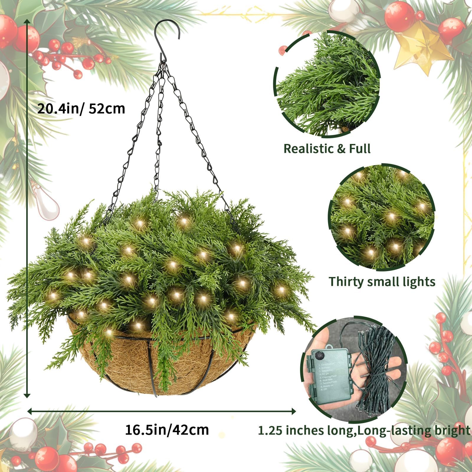HUAESIN Christmas Hanging Baskets 15inches Outdoors Christmas Baskets with Pine Branches Winter Outdoor Porch Decor Artificial H