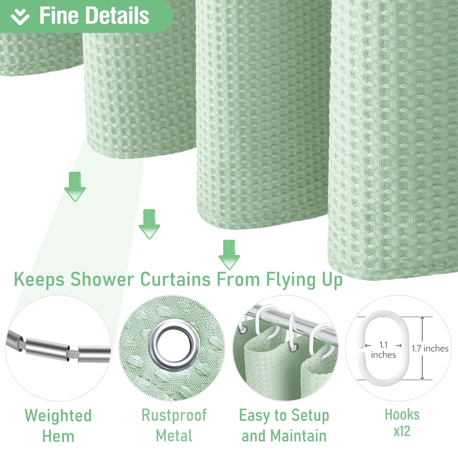 Dynamene Mint Green Fabric Shower Curtain - Waffle Weave Textured Heavy Duty Cloth Shower Curtains For Bathroom, 256Gsm Hotel Lu