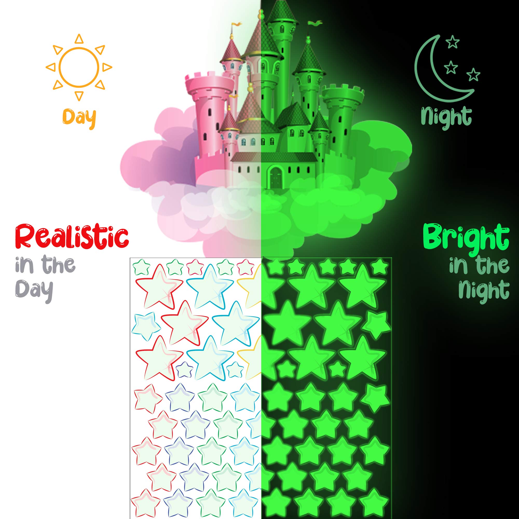 Glow In The Dark Stars, Glowing Unicorn Sets With Castle Moon And Rainbow Wall Decals For Kids Bedding Room, Great For Birthday