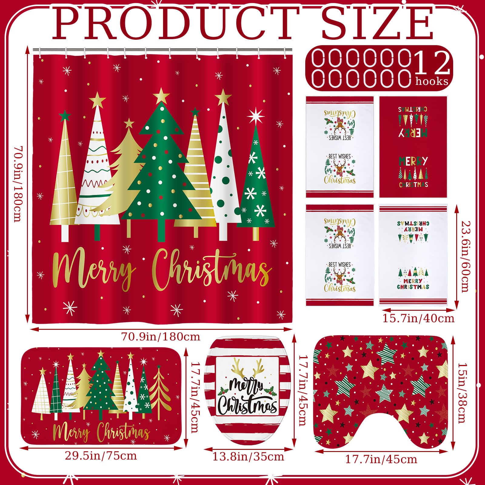 Honoson 8 Pcs Christmas Shower Curtain Set with Rugs and Kitchen Towels Farmhouse Christmas Tree Shower Curtain Bathroom Set for
