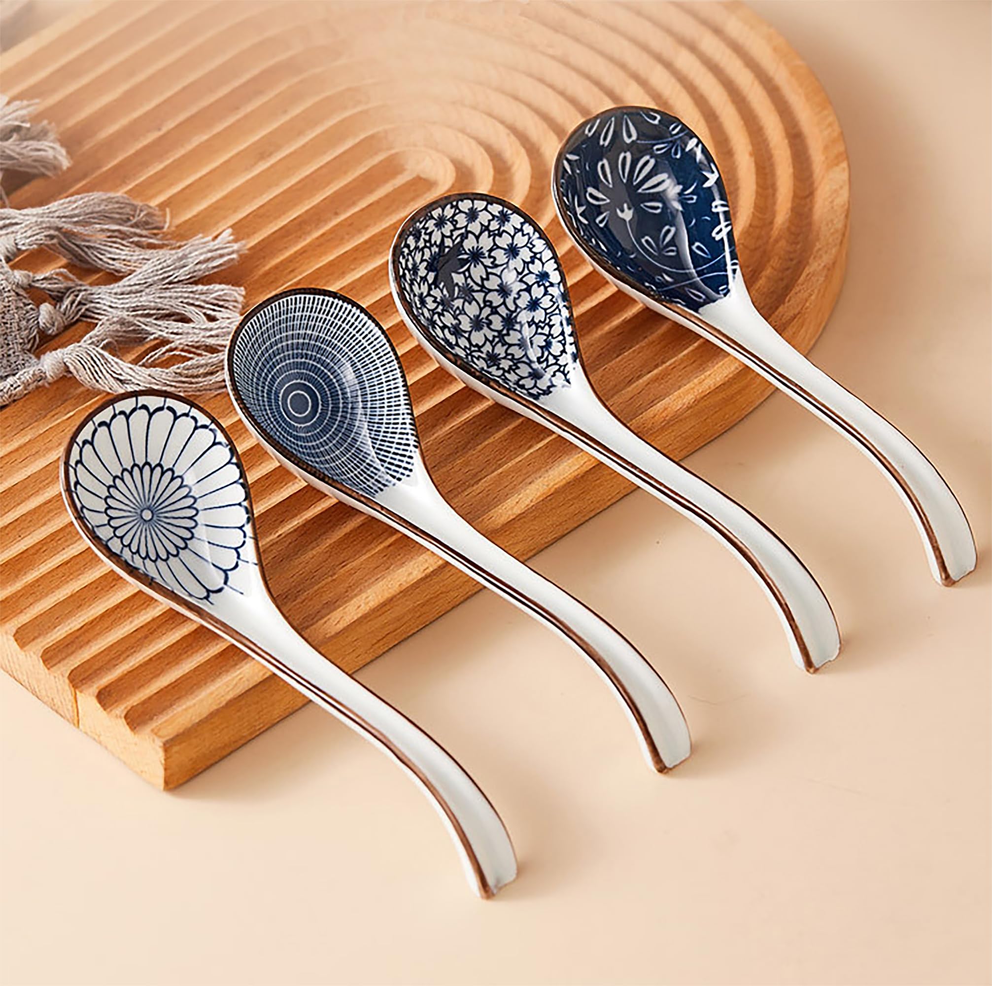 Ceramic Asian Soup Spoons Set Of 4, Long Ramen Spoons For Pho, Wonton, Noodles, 4 Pcs