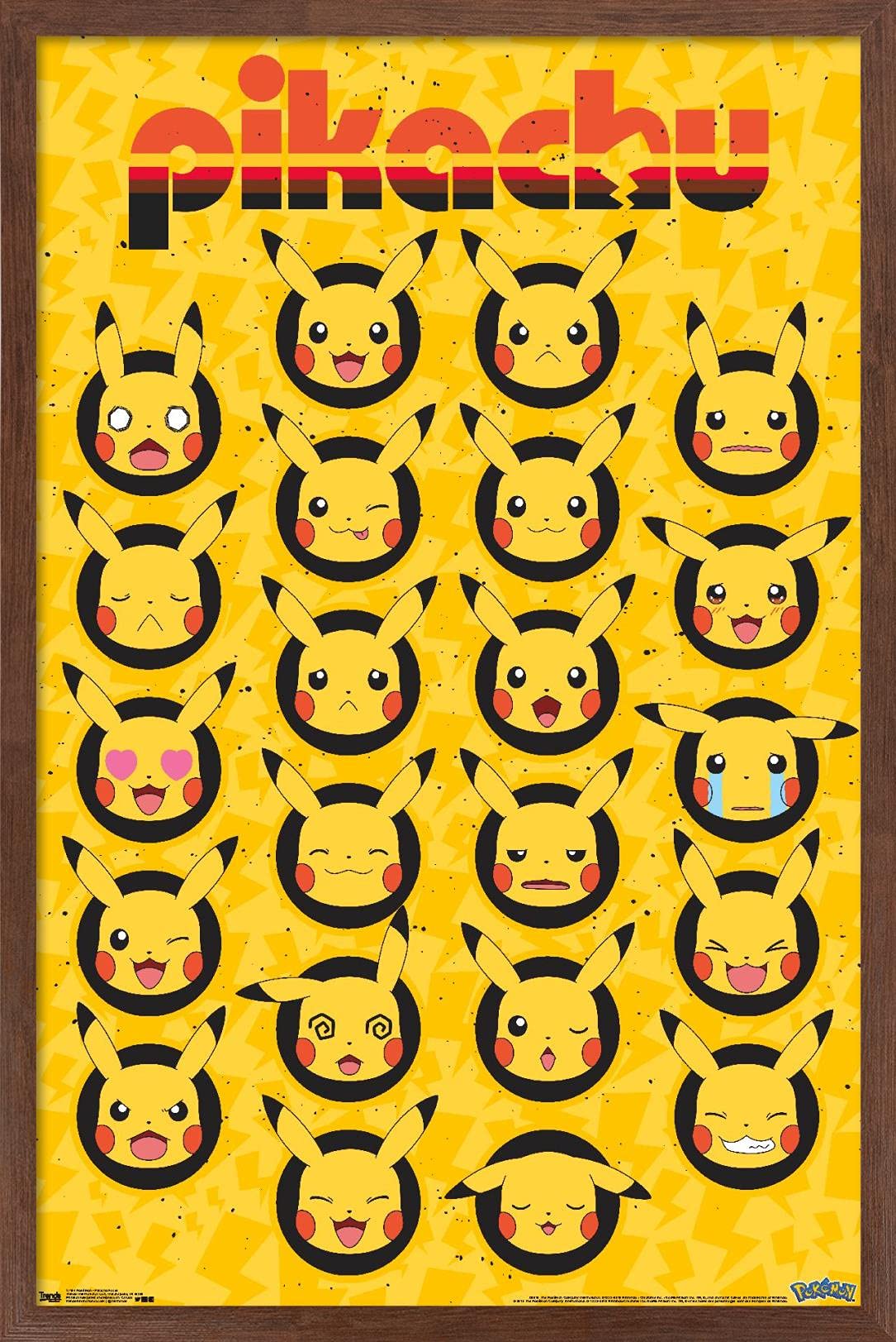 Trends International Pok  Mon - Pikachu Faces Wall Poster, 22.375'' X 34'', Mahogany Framed Version