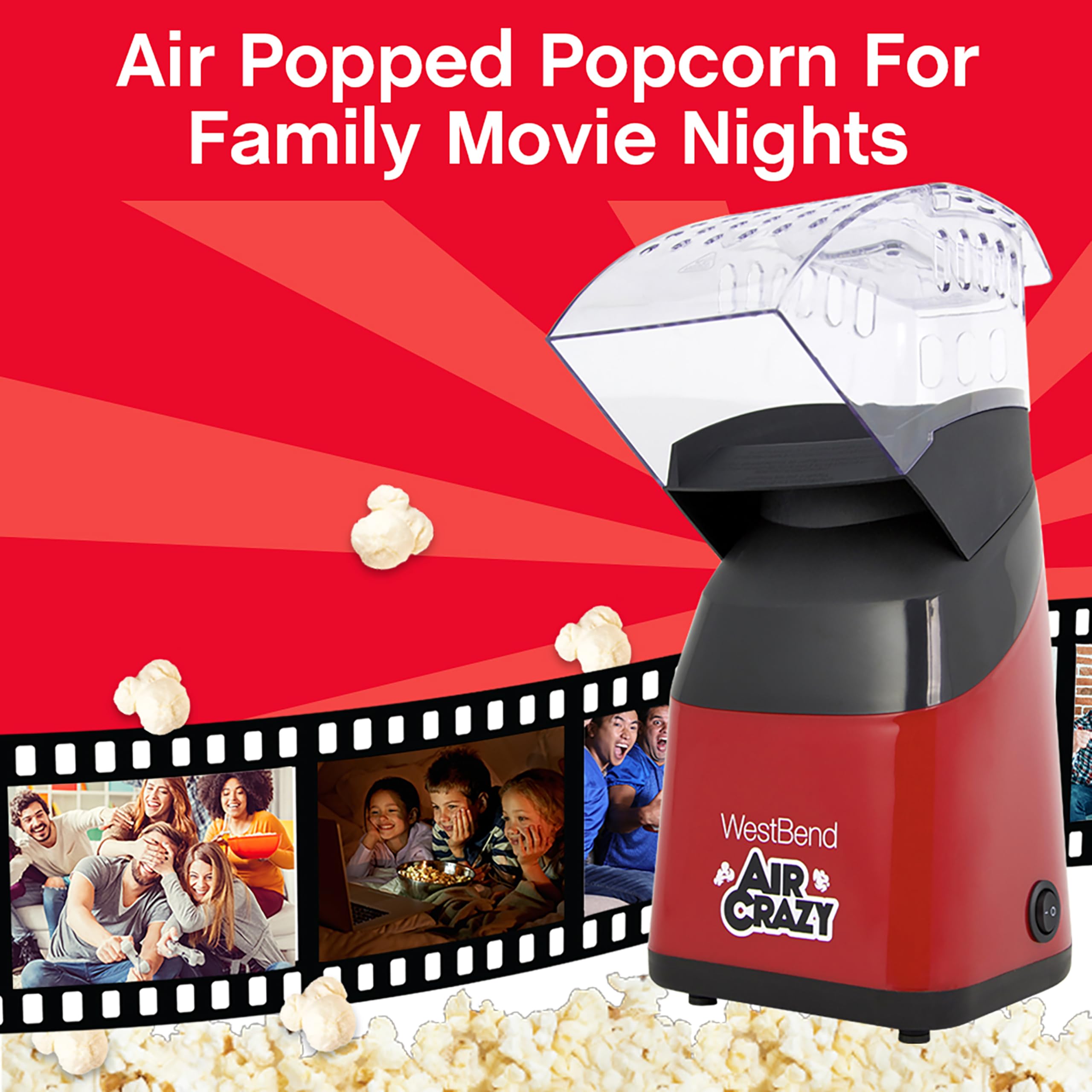 West Bend Air Crazy Popcorn Machine For Healthy Snacking With No Oil, 4-Quart, Red