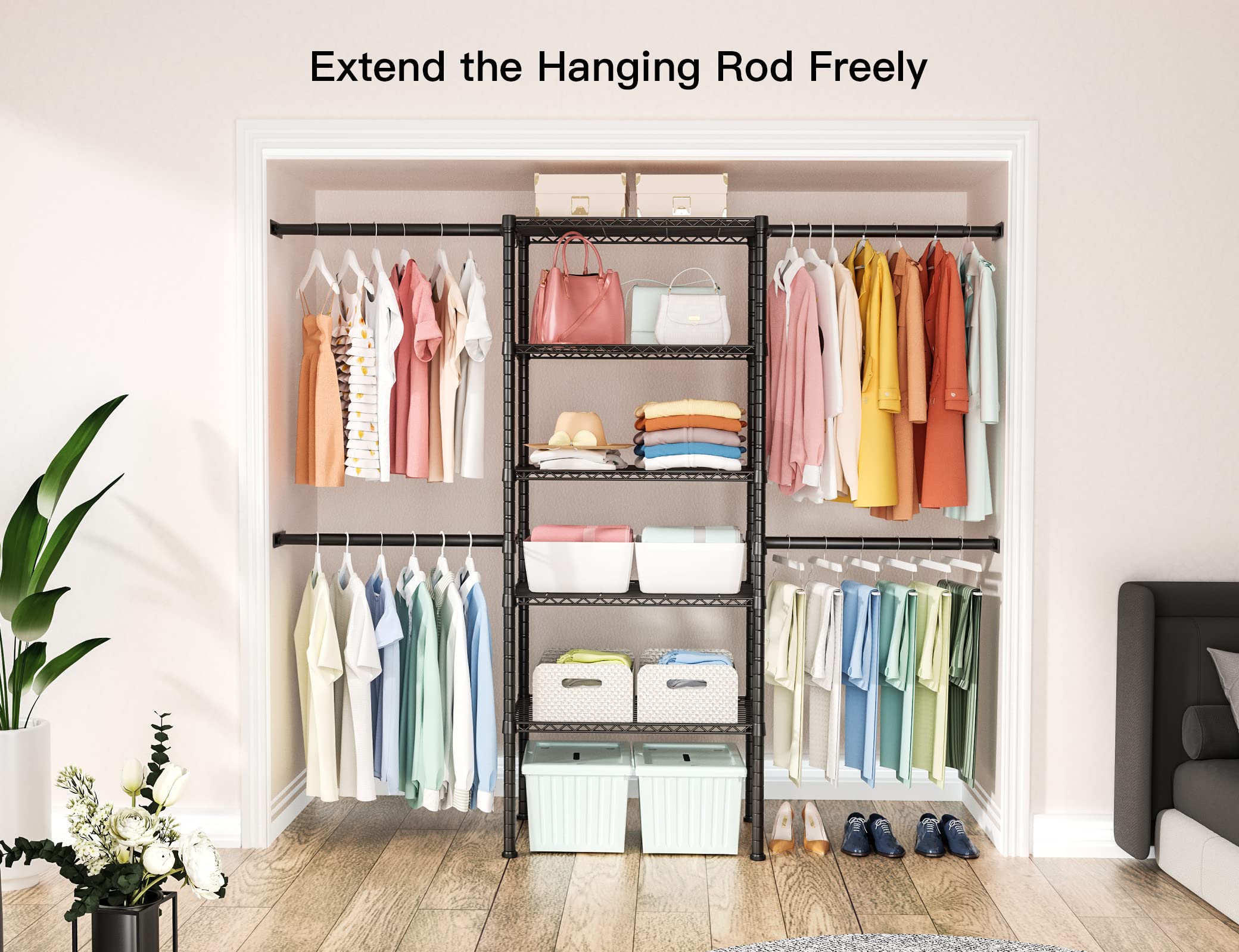 Ulif M2 Closet Organizer System, 5.9 Feet Height Mounted To The Wall Garment Rack With 4 Expandable Hanger Rods, 5 Shelves In 23