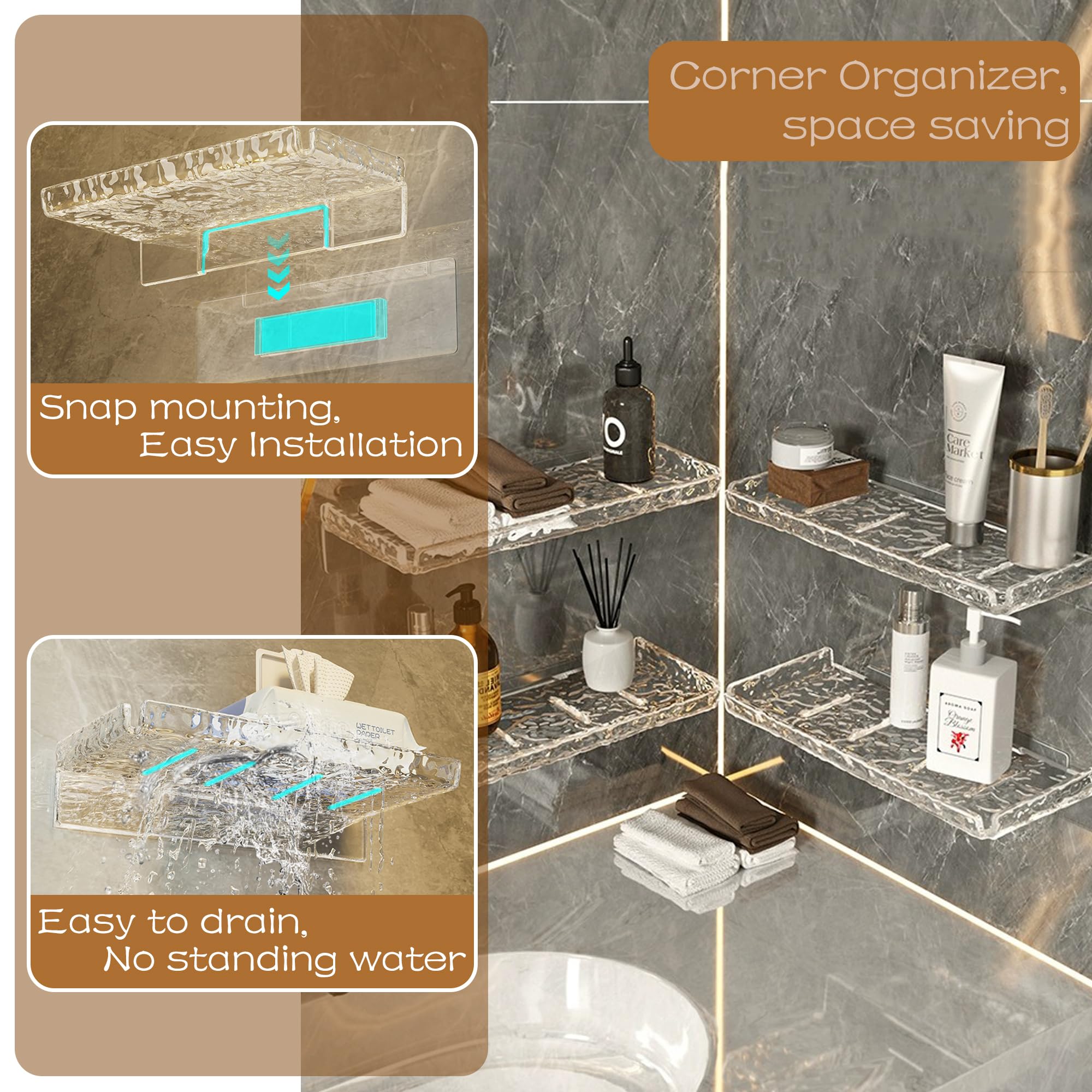 Yiezi Shower Storage Shelf, Wall Floating Shelf, Clear Wall Mounted Storage Shelf For Bathroom Storage And More Acrylic No Drill