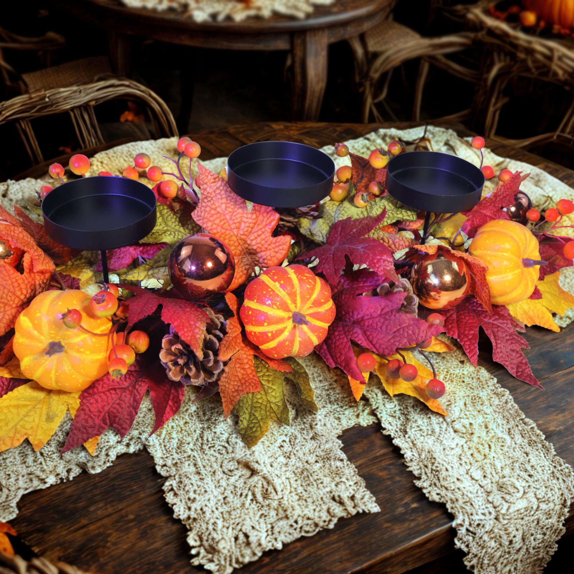 Fall Candle Holder Centerpiece for Table - Thanksgiving Table Decor with Pumpkins, Maple Leaves,Autumn Harvest Decoration with 3