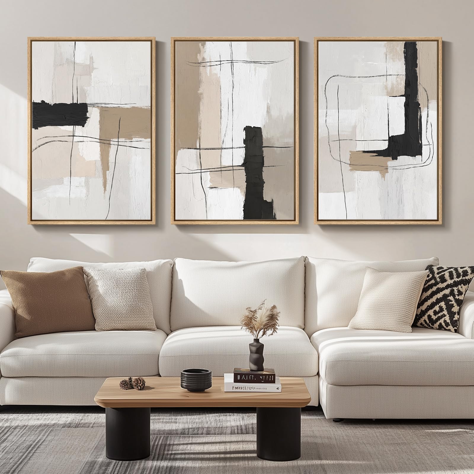 Large Framed Neutral Abstract Wall Art For Living Room, 3 Piece Black White Beige Canvas Prints Paintings Artwork For Walls, Mod