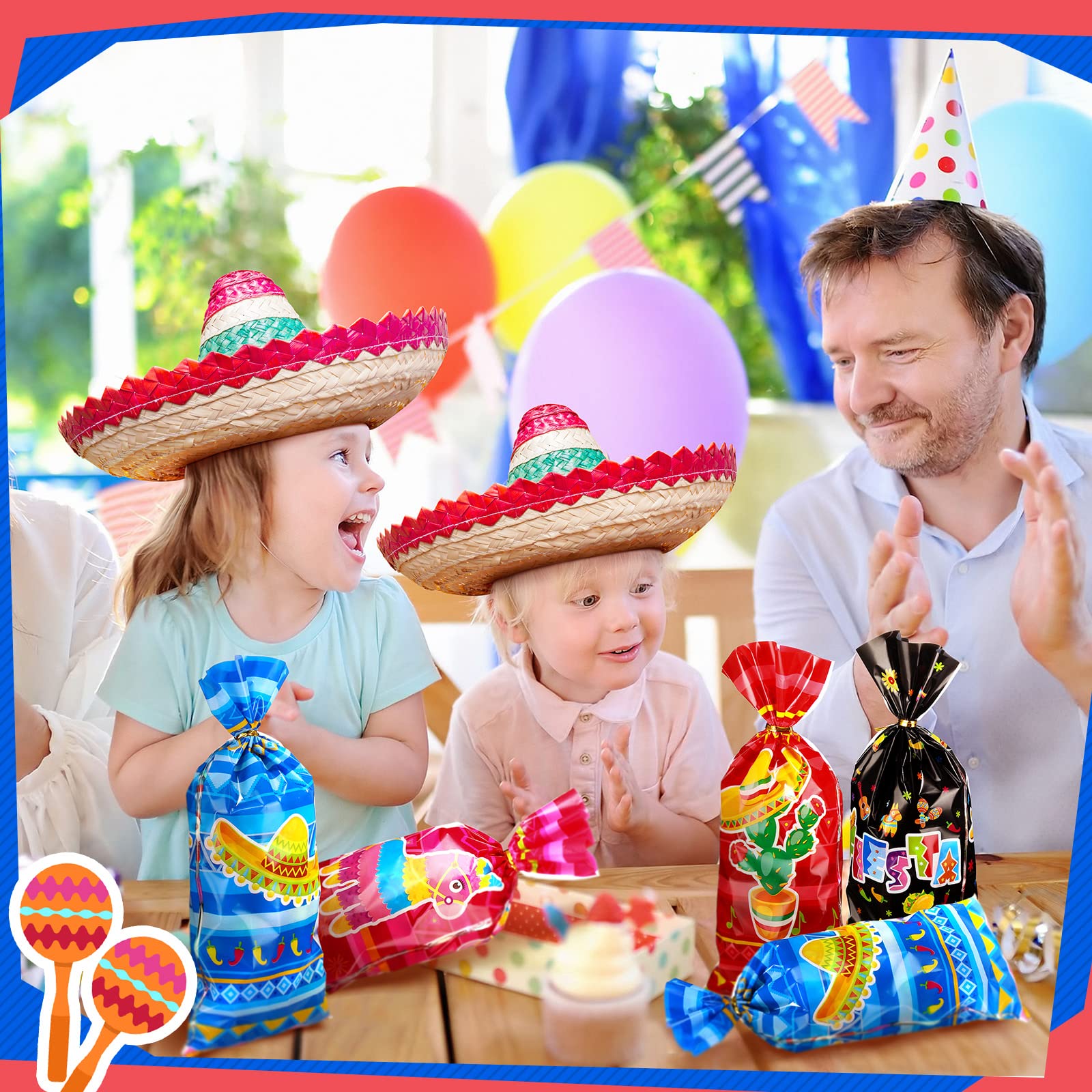 120 Pieces Mexican Party Treat Bags Mexican Theme Party Favor Cello Plastic Candy Goodie Bag with 150 Golden Twist Ties for Party Supplies (Mexican Fiesta Style)