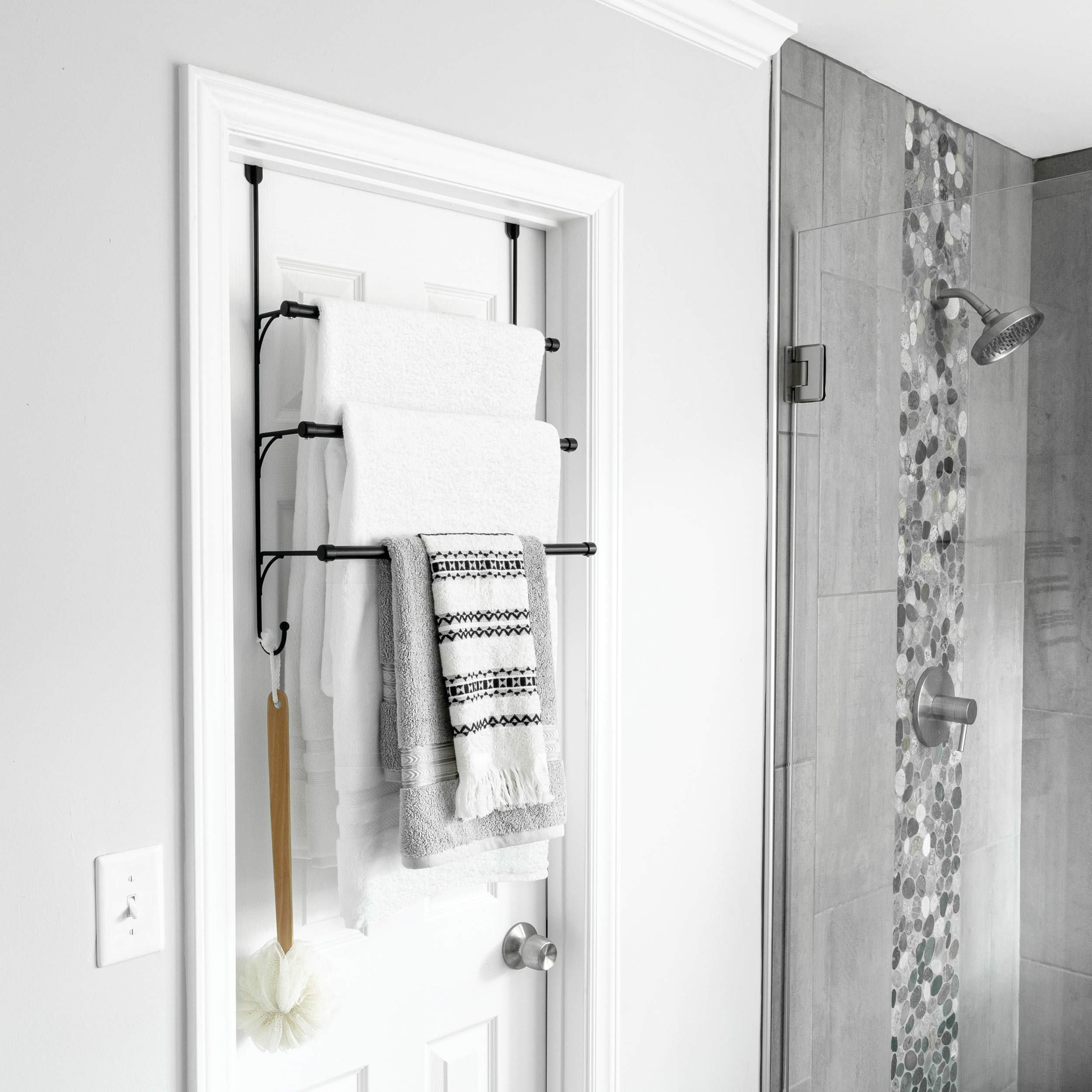 Franklin Brass (1-Pack) Over The Door Hooks Triple Towel Rack Matte Black 3-Tier Towel Bar Rack With Hooks For Bathroom Organize