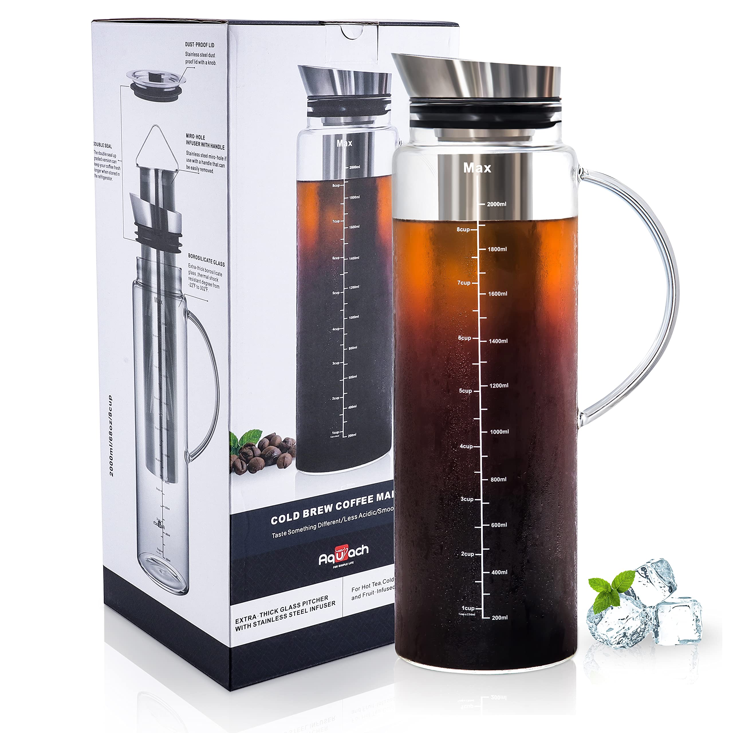 Aquach Cold Brew Coffee Iced Tea Maker & Fruit Pitcher - Large Capacity 68 Ounces - With Durable Glass Carafe/Fine Mesh Steel In