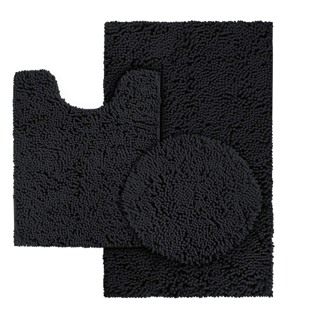Homeideas 3 Pieces Black Bathroom Rugs Set, Ultra Soft Non Slip Bath Rug And Absorbent Chenille Bath Mat, Includes U-Shaped Cont