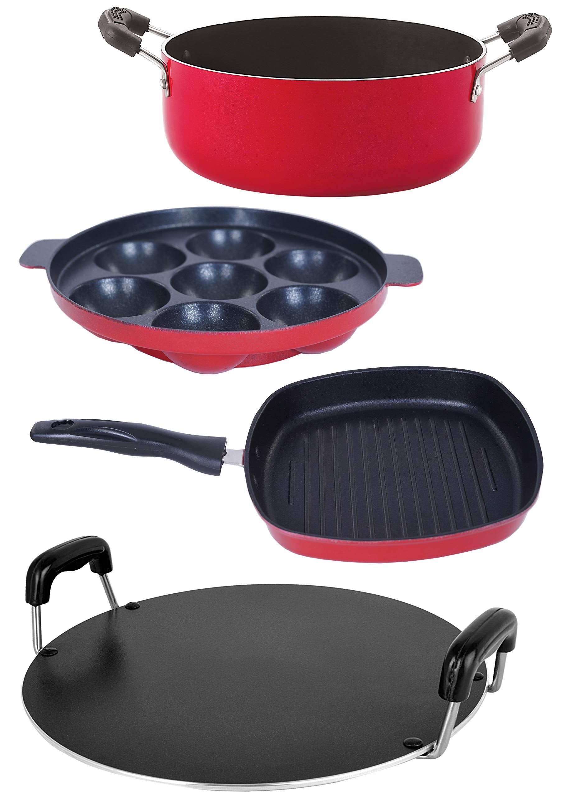 Nirlon NonStick Aluminum Cookware Set, 4Piece, Red And Black (2.6Mm_Ap(7)_Gp(24)_Rt_Cass20)