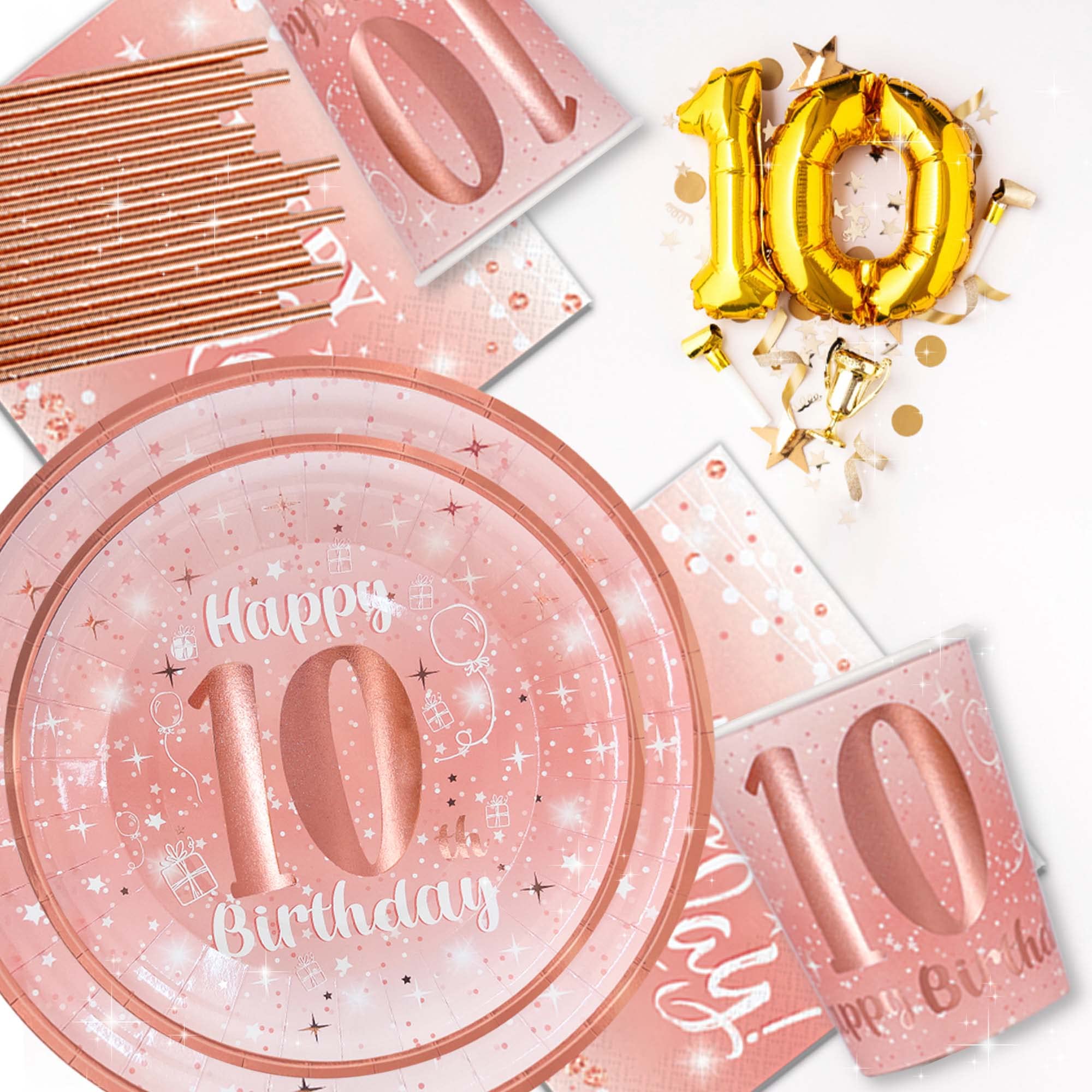 10Th Birthday Decorations For Girl - (Total 121Pcs) Rose Gold Birthday Supplies Plates And Napkins, Cups, Straws, Tablecloth, Di