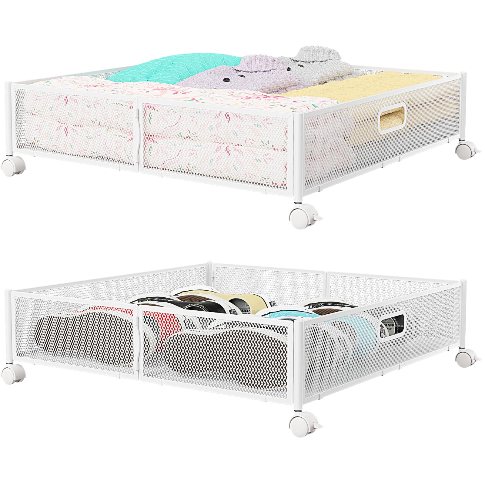 Under Bed Storage Containers with Wheels - Shoe Storage Organizer Drawer, Tool-free Assembly Metal Underbed Storage Containers f